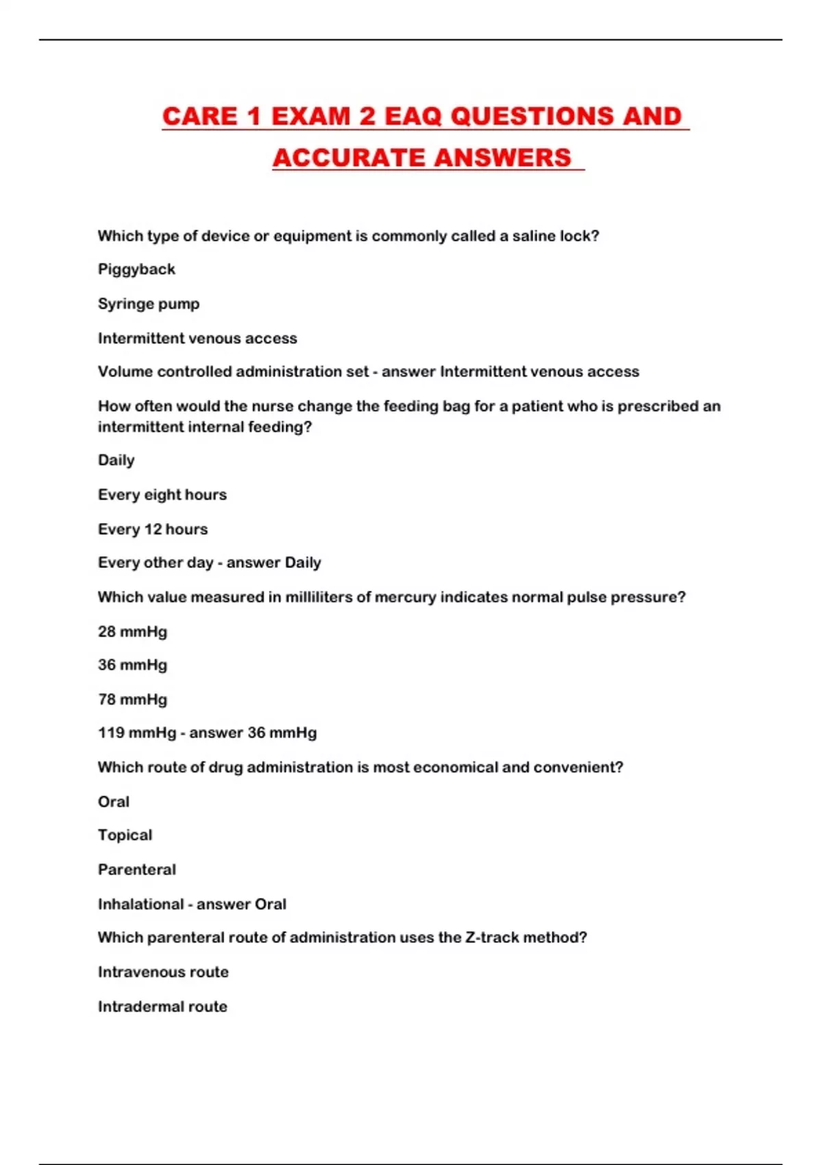 CARE 1 EXAM 2 EAQ QUESTIONS AND ACCURATE ANSWERS - CARE 1 EAQ - Stuvia US