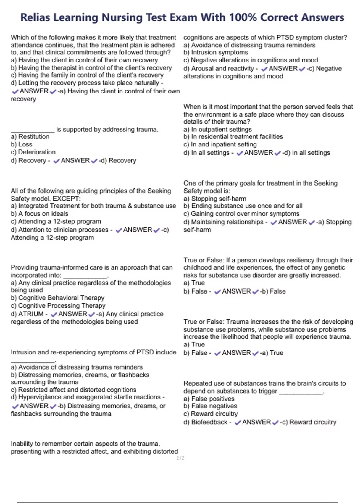 Relias Learning Nursing Test Exam With 100% Correct Answers - Relias Learning Nursing - Stuvia US