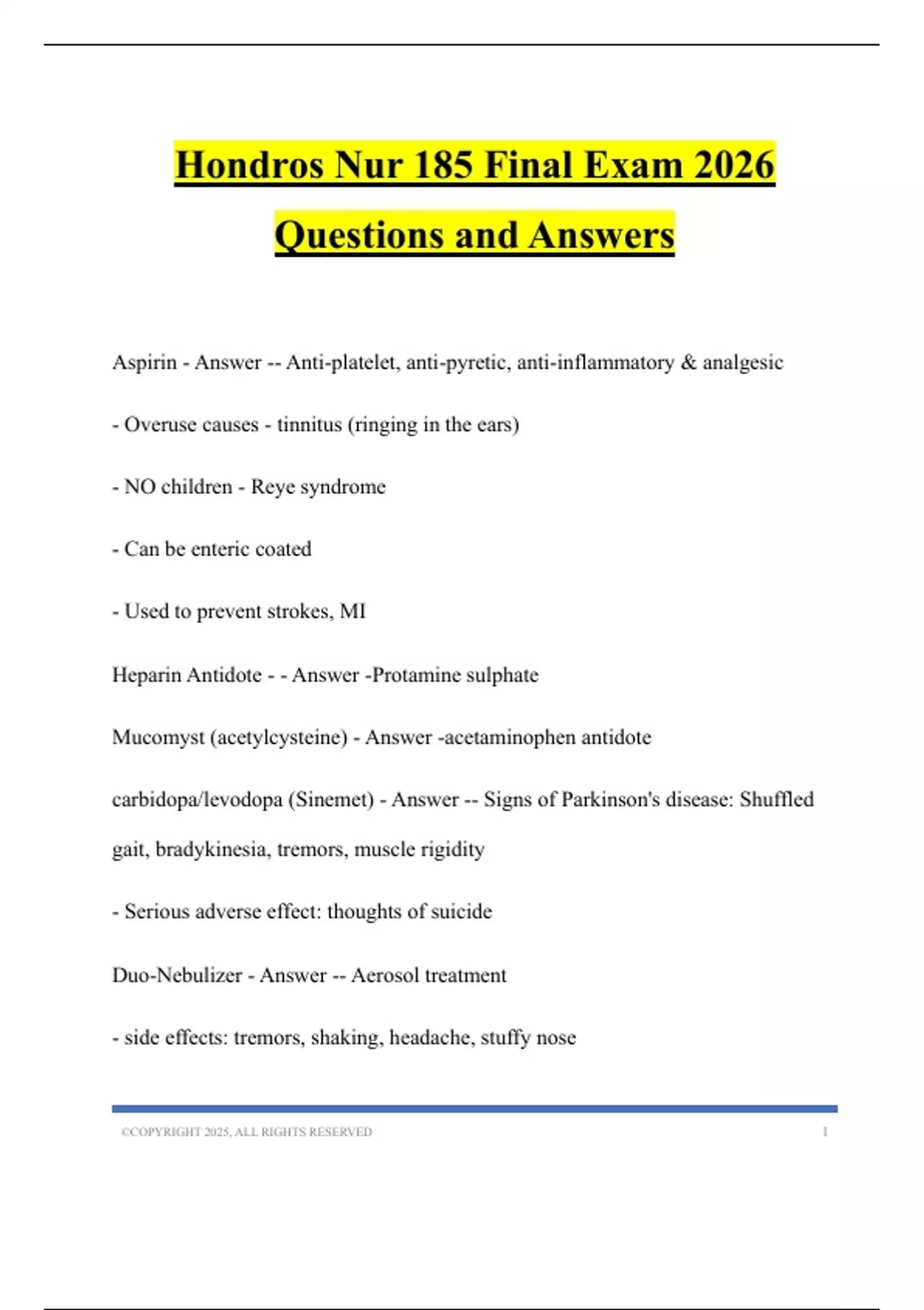 Hondros Nur 185 Final Exam 2026 Questions and Answers - NUR 185 - Stuvia US