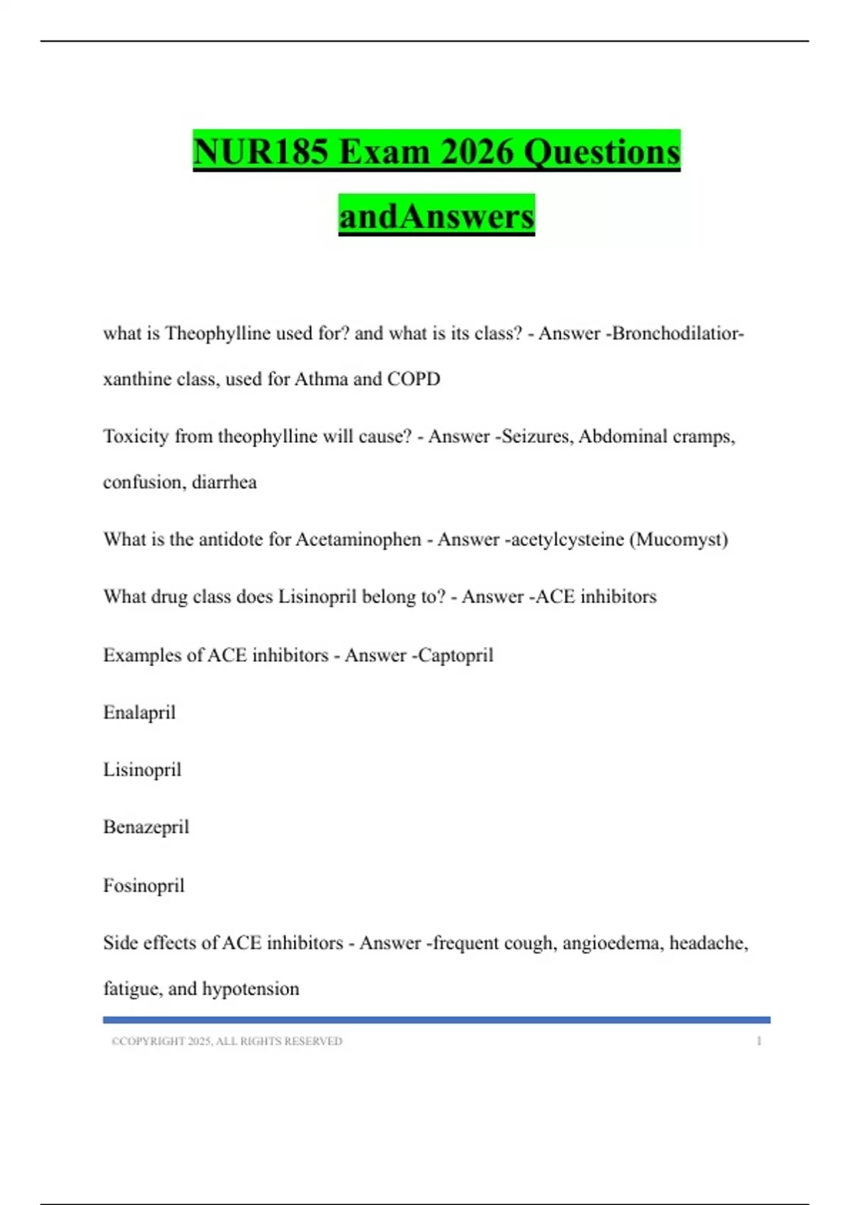 NUR185 Exam 2026 Questions andAnswers - NUR 185 - Stuvia US