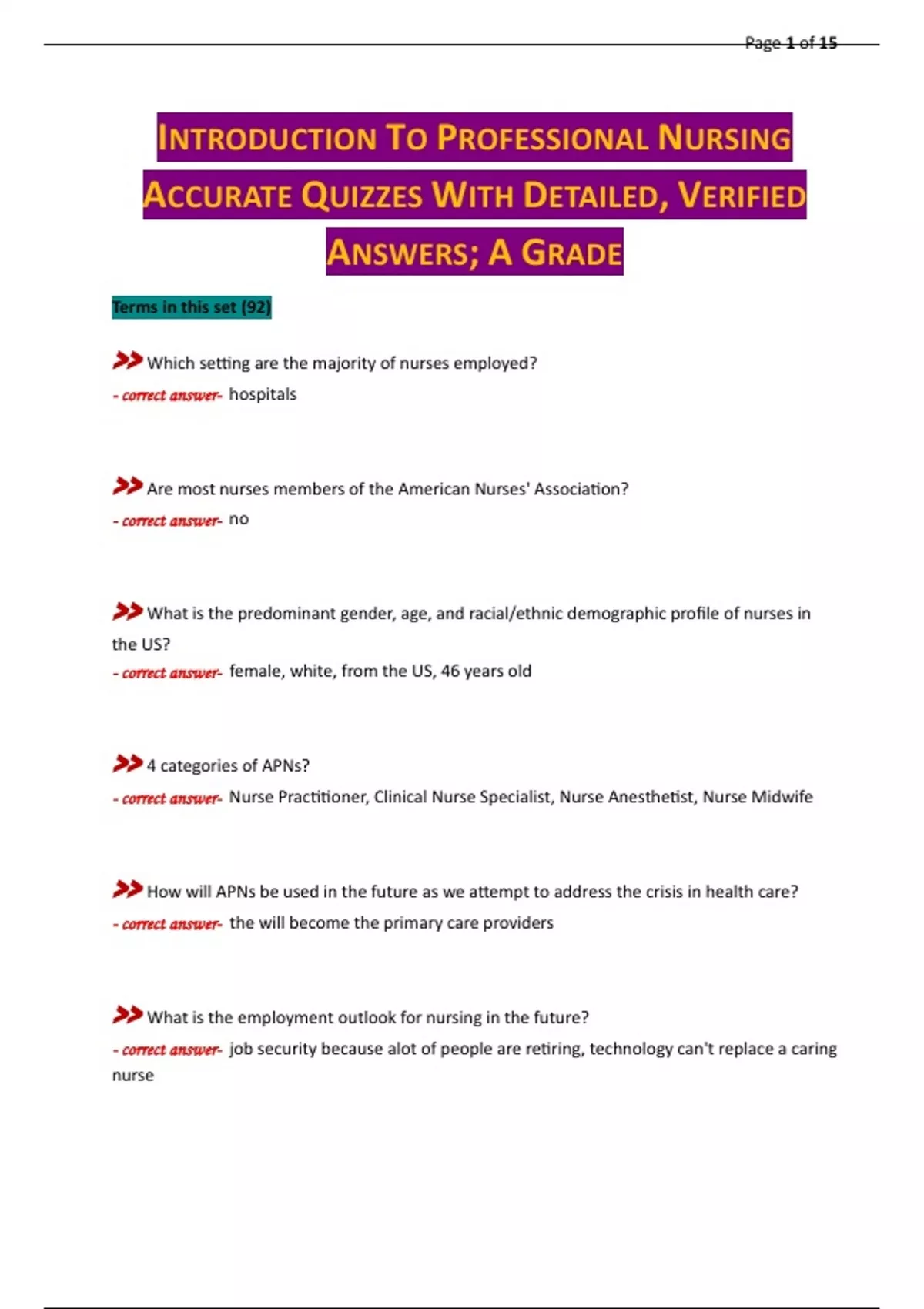 INTRODUCTION TO PROFESSIONAL NURSING ACCURATE QUIZZES WITH DETAILED ...