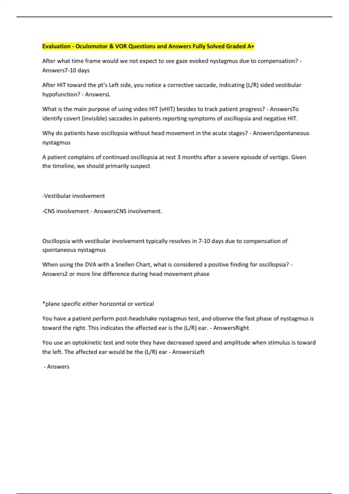 Evaluation - Oculomotor & VOR Questions and Answers Fully Solved Graded ...