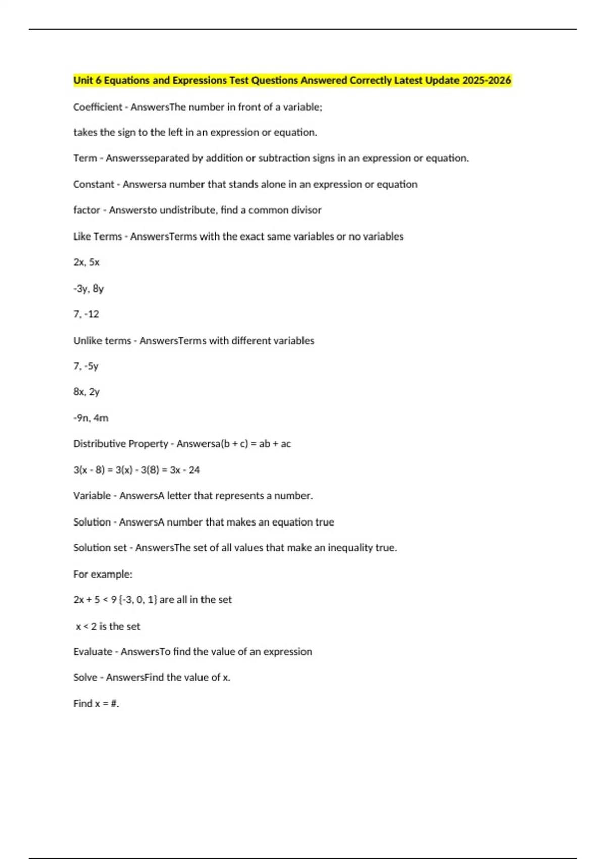 Unit 6 Equations and Expressions Test Questions Answered Correctly ...