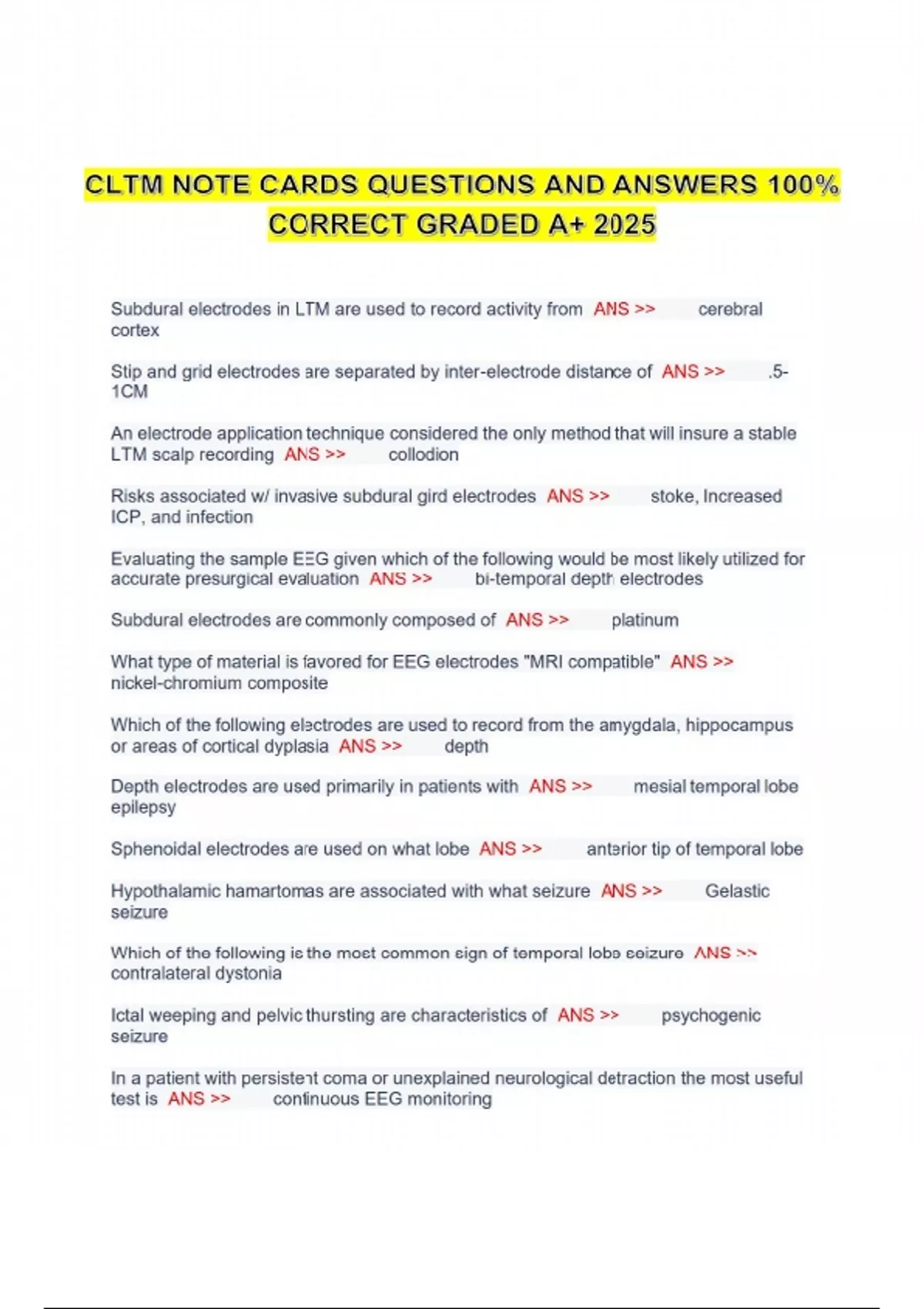 CLTM NOTE CARDS QUESTIONS AND ANSWERS 100% CORRECT GRADED A+ 2025 ...