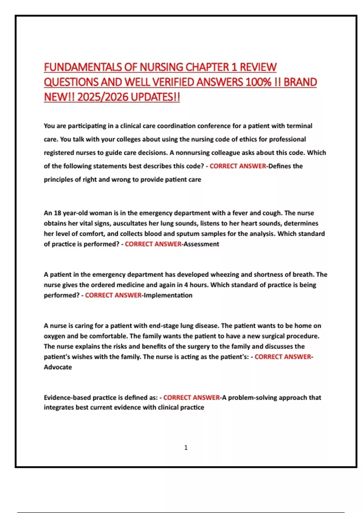 FUNDAMENTALS OF NURSING CHAPTER 1 REVIEW QUESTIONS AND WELL VERIFIED ...