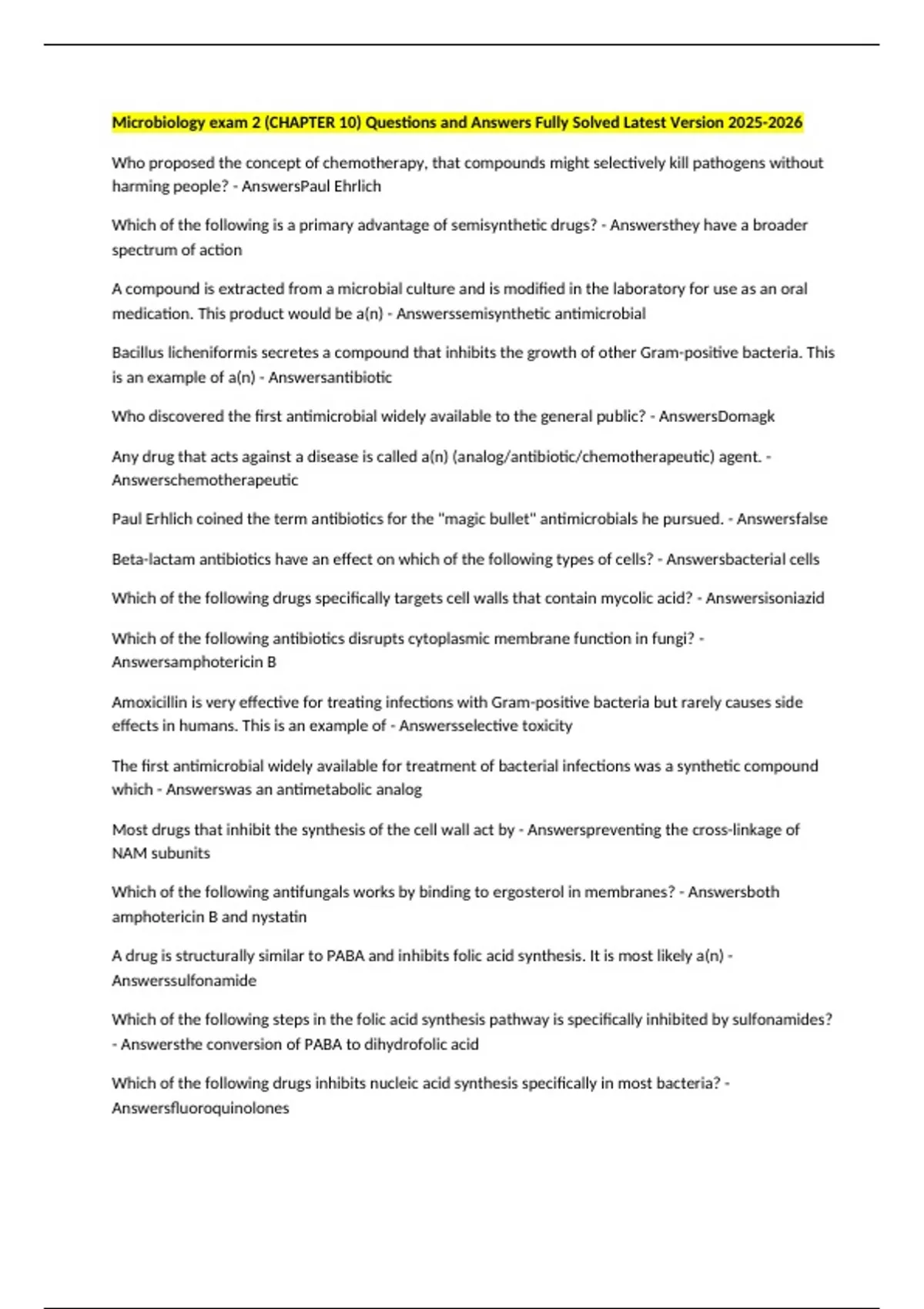 Microbiology exam 2 (CHAPTER 10) Questions and Answers Fully Solved ...