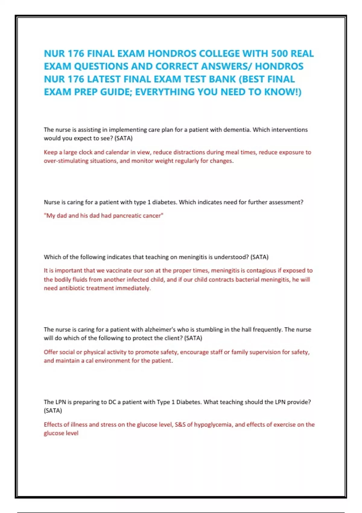 NUR 176 FINAL EXAM HONDROS COLLEGE WITH 500 REAL EXAM QUESTIONS AND ...