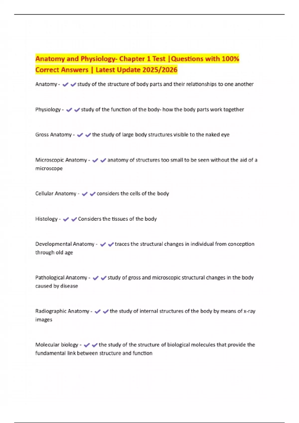 Anatomy and Physiology- Chapter 1 Test |Questions with 100% Correct ...