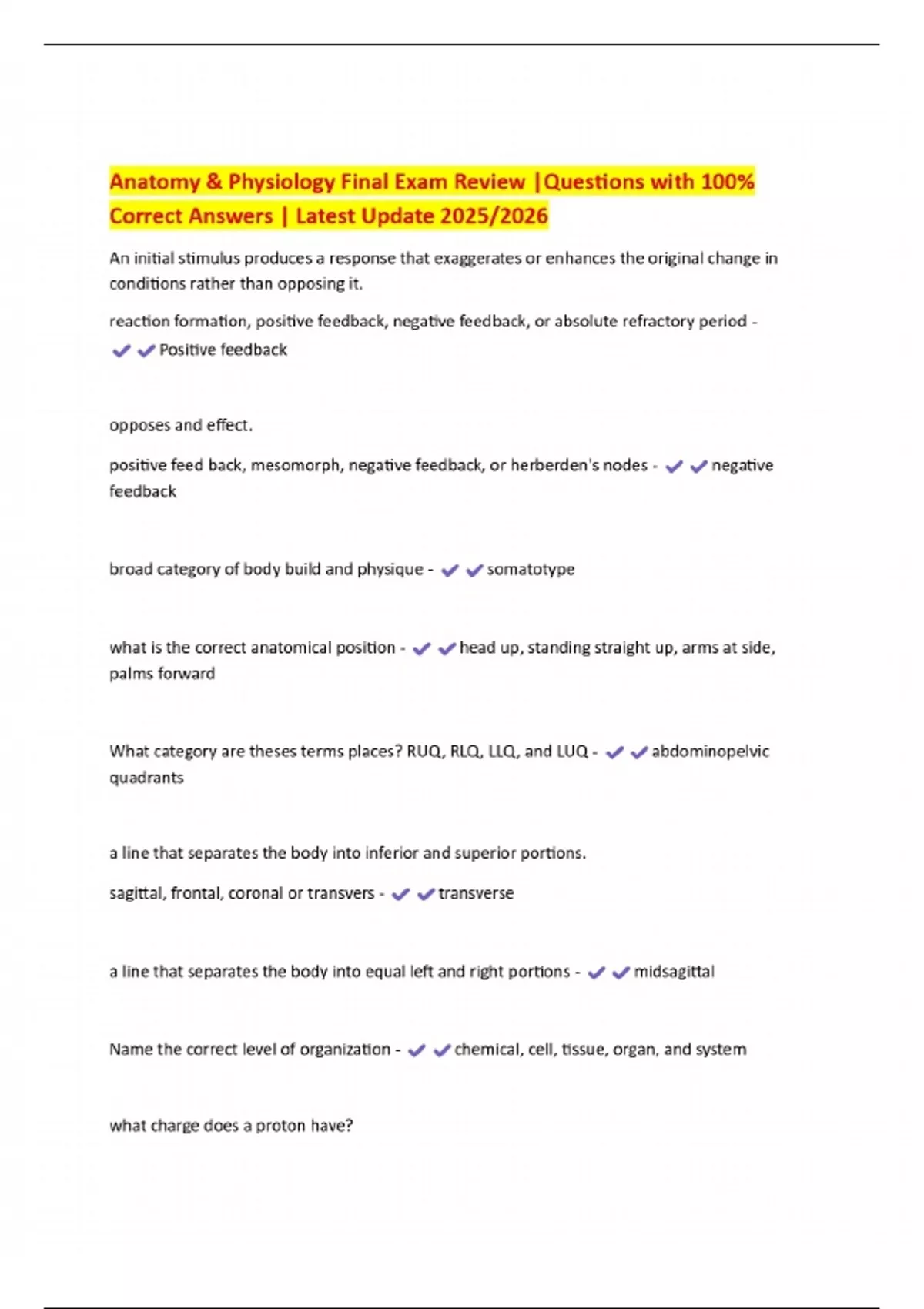 Anatomy & Physiology Final Exam Review |Questions with 100% Correct ...