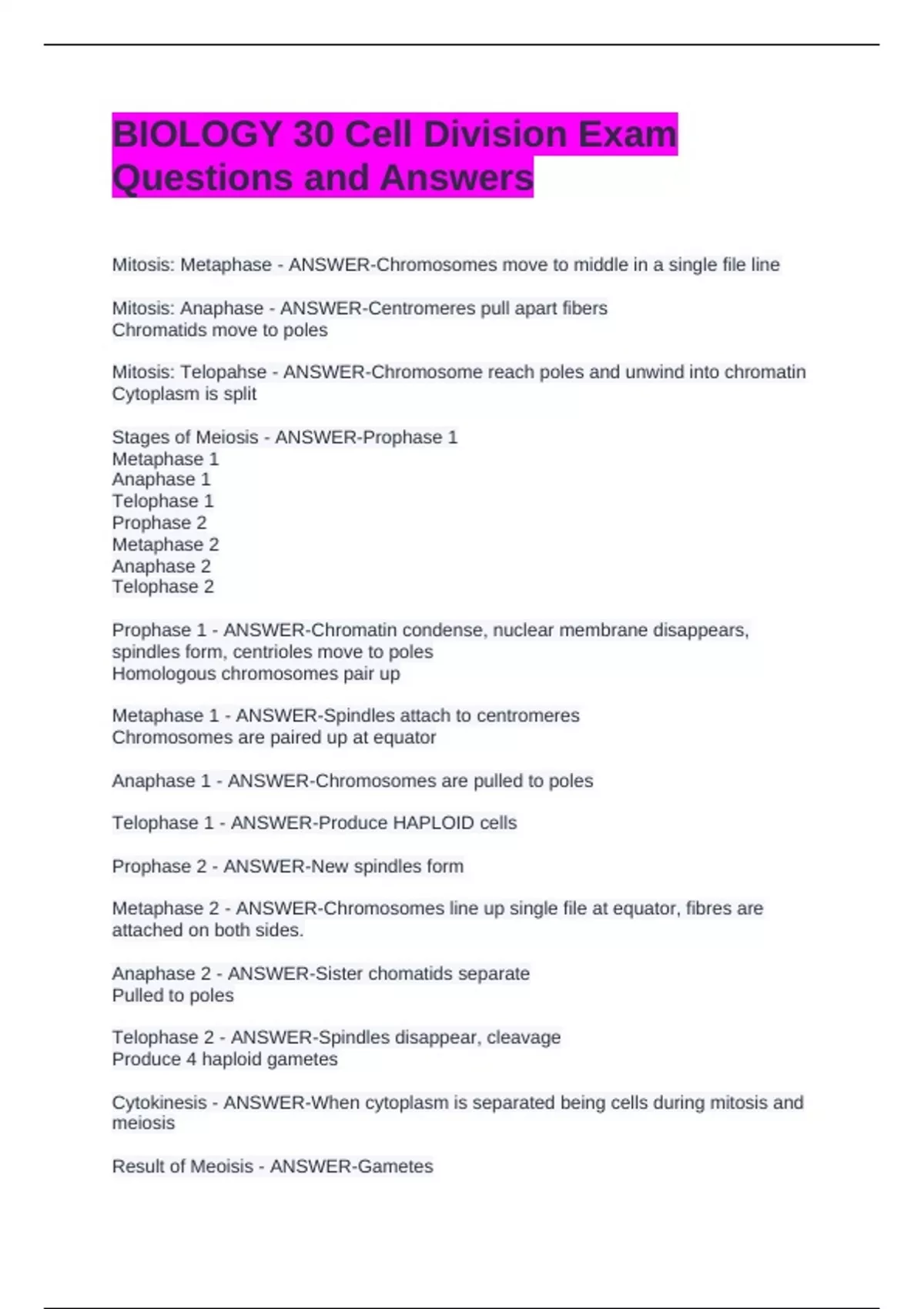 BIOLOGY 30 Cell Division Exam Questions and Answers - BIOLOGY 30 ...