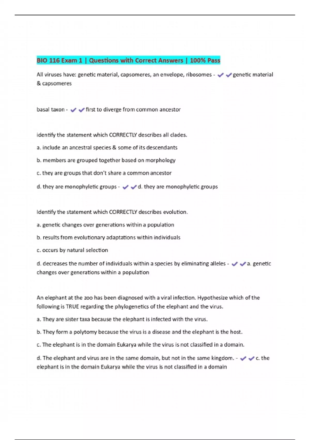 BIO 116 Exam 1 | Questions with Correct Answers | 100% Pass - BIO 116 ...