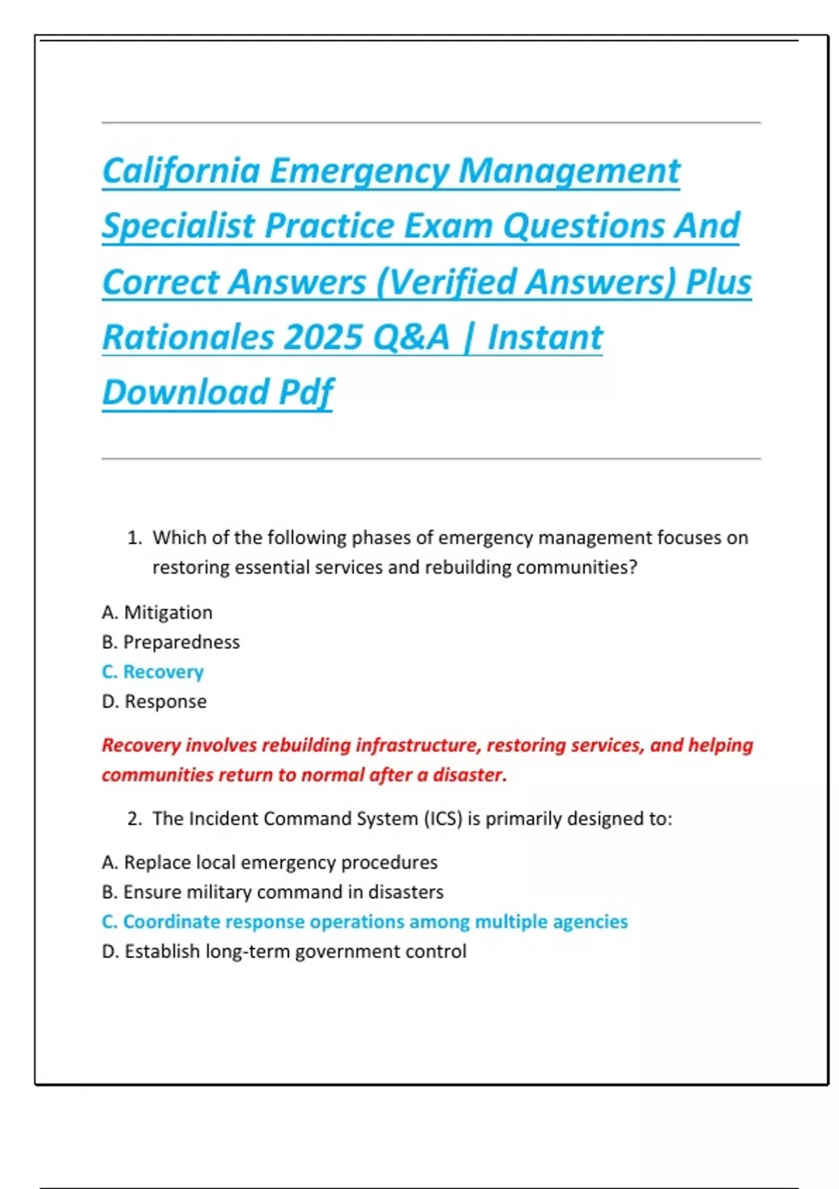 California Emergency Management Specialist Practice Exam Questions And ...