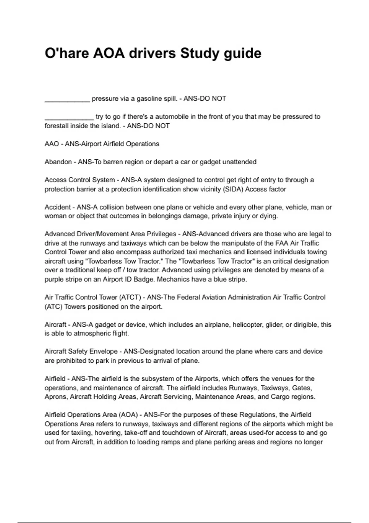 O'hare AOA drivers Study guide NEWEST 2025/2026 ACTUAL EXAM COMPLETE ...
