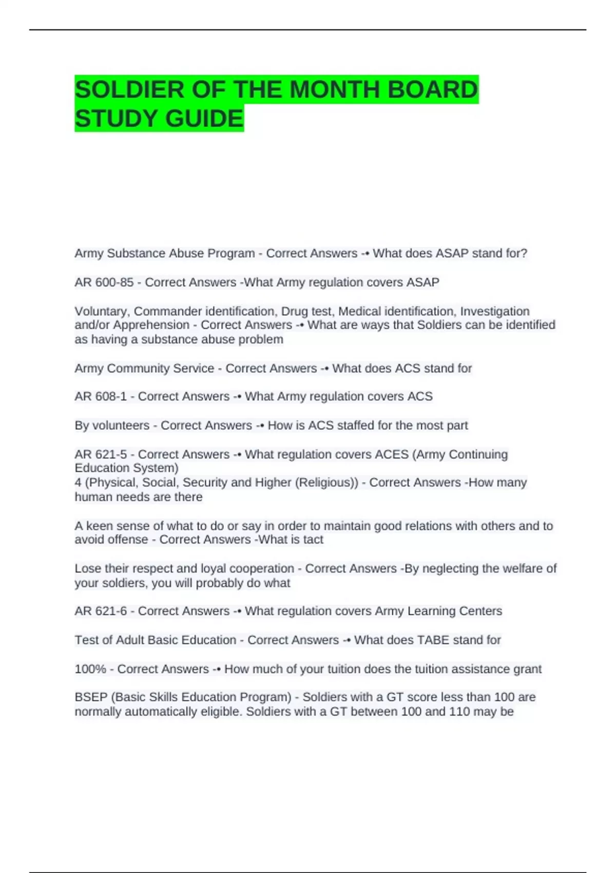 SOLDIER OF THE MONTH BOARD STUDY GUIDE WITH COMPLETE SOLUTIONS - ARMY - Stuvia US