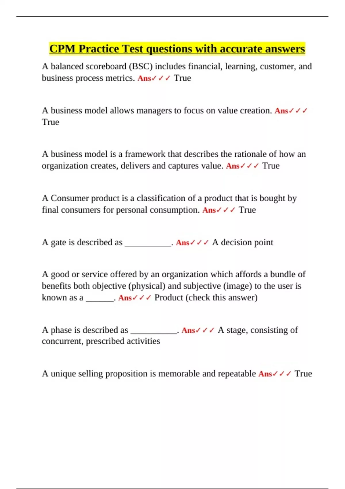 CPM Practice Test questions with accurate answers - PTHER - Stuvia US