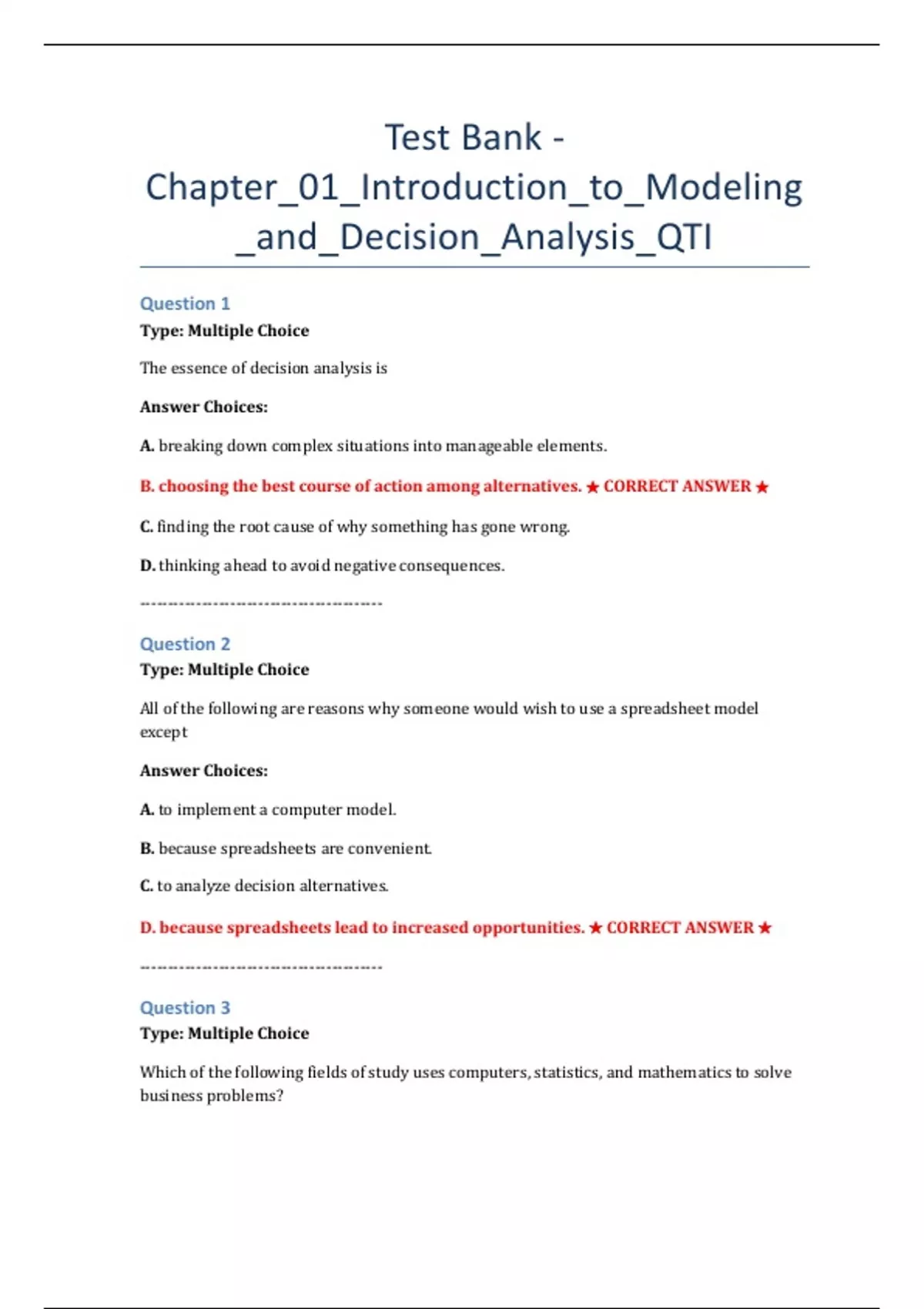 test bank, practice questions: Spreadsheet Modeling and Decision ...