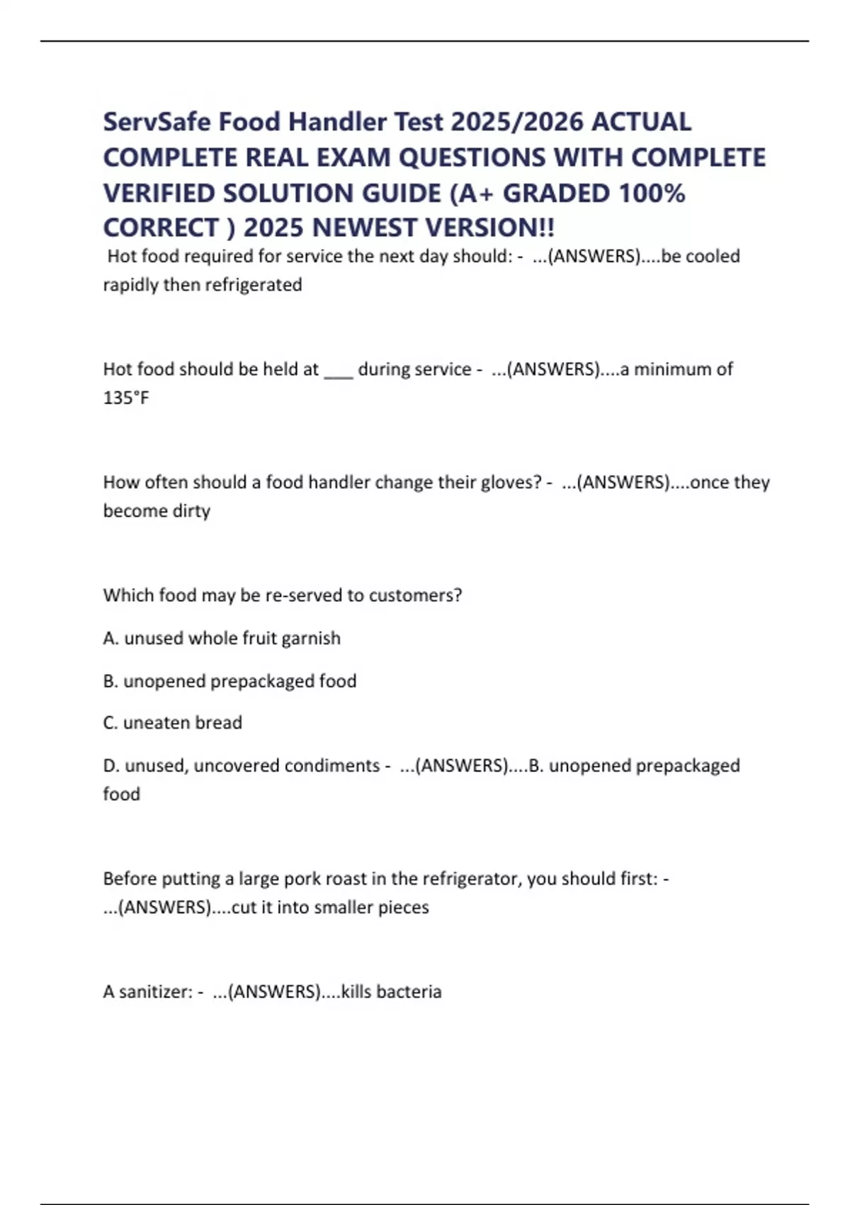 Servsafe Food Handler Test 2025 2026 Actual Complete Real Exam