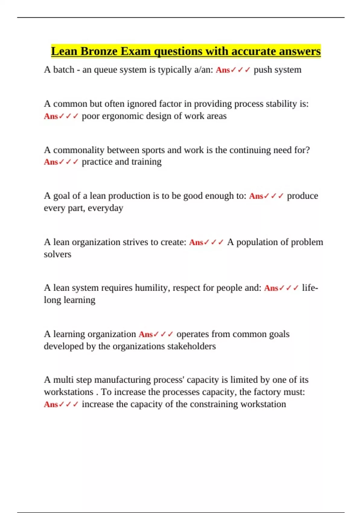 Lean Bronze Lean Bronze Exam questions with accurate answers. - Lean Bronze - Stuvia US
