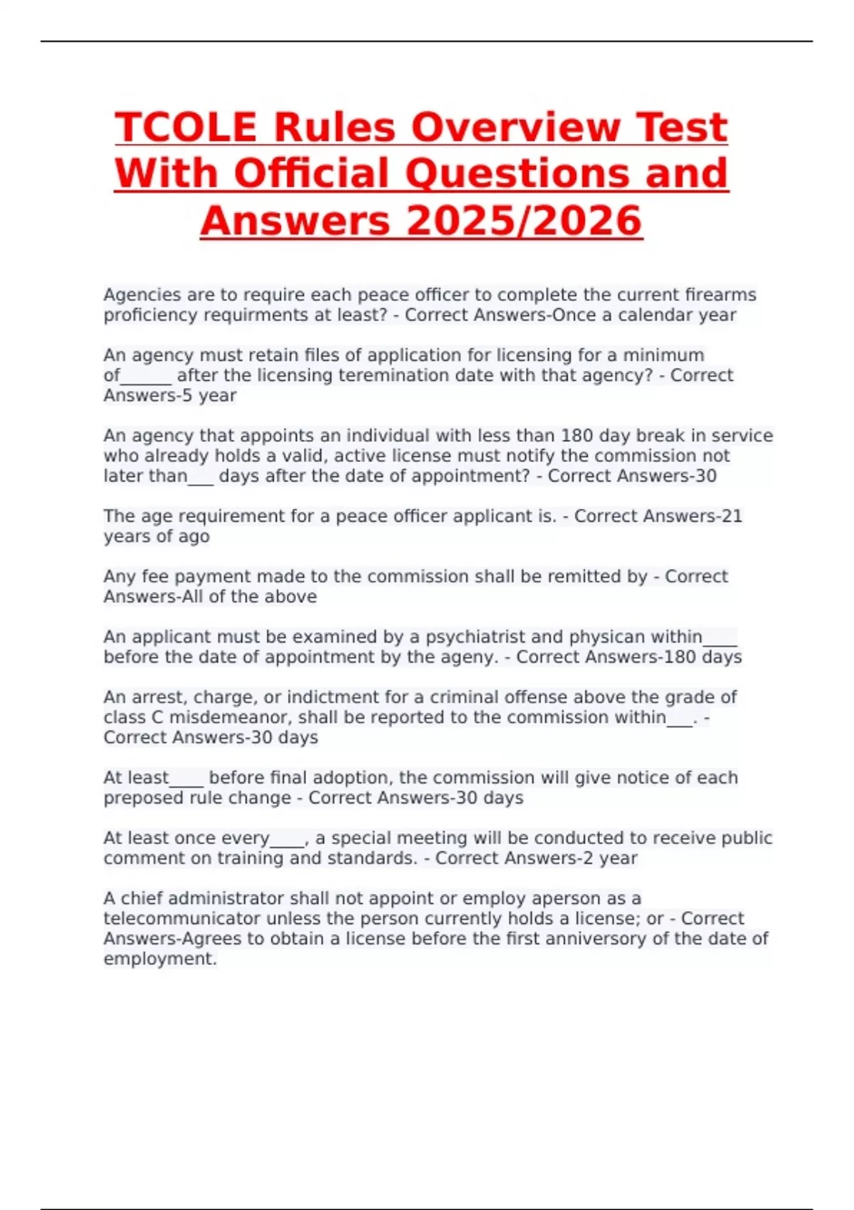 TCOLE Rules Overview Test | Official Questions and Answers 2025/2026 ...