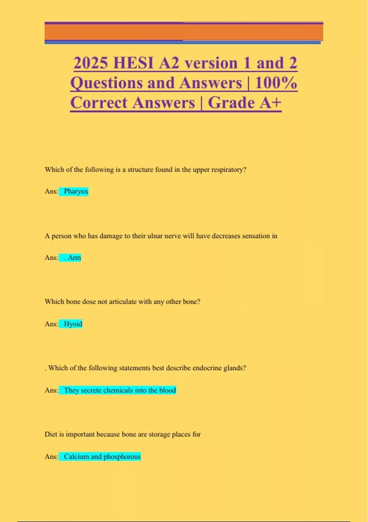 2025 HESI A2 Version 1 & 2 | Complete Questions and Answers | 100% ...