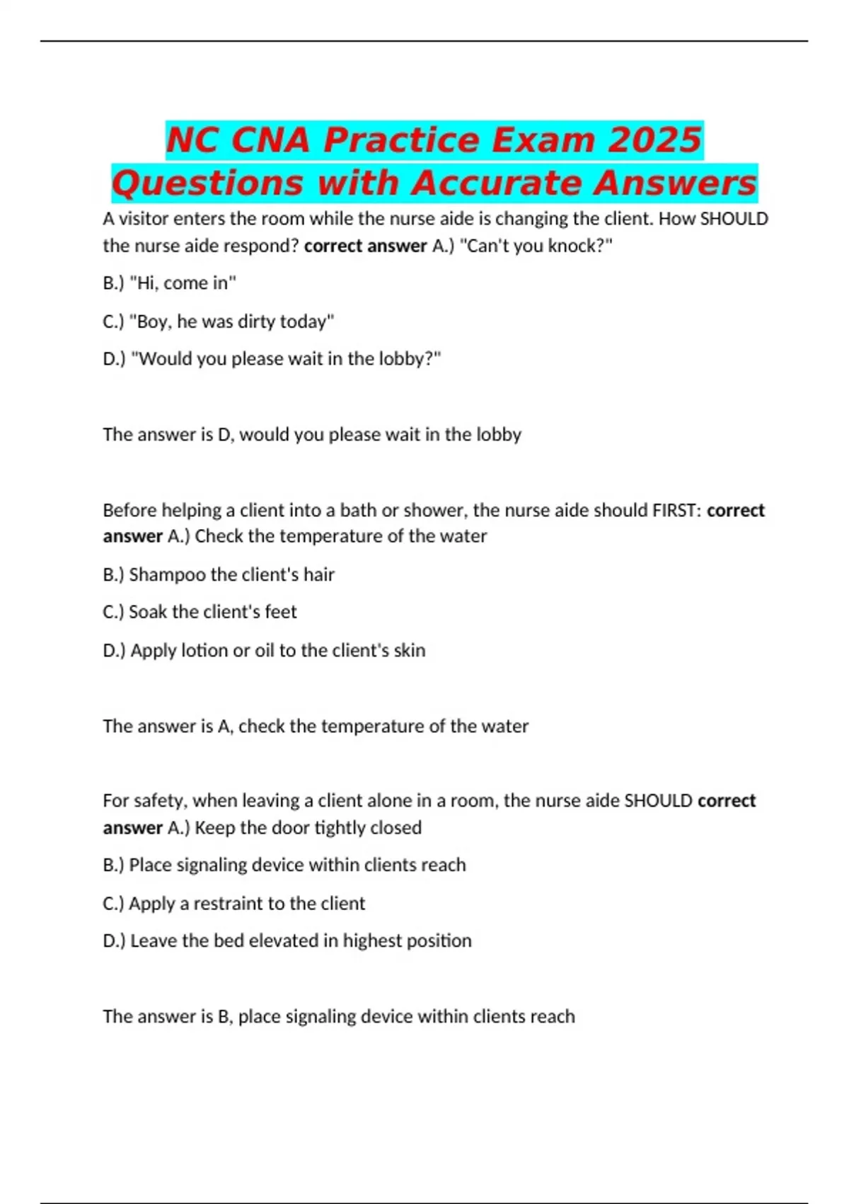 NC CNA Practice Exam 2025 Questions with Accurate Answers - CNA ...