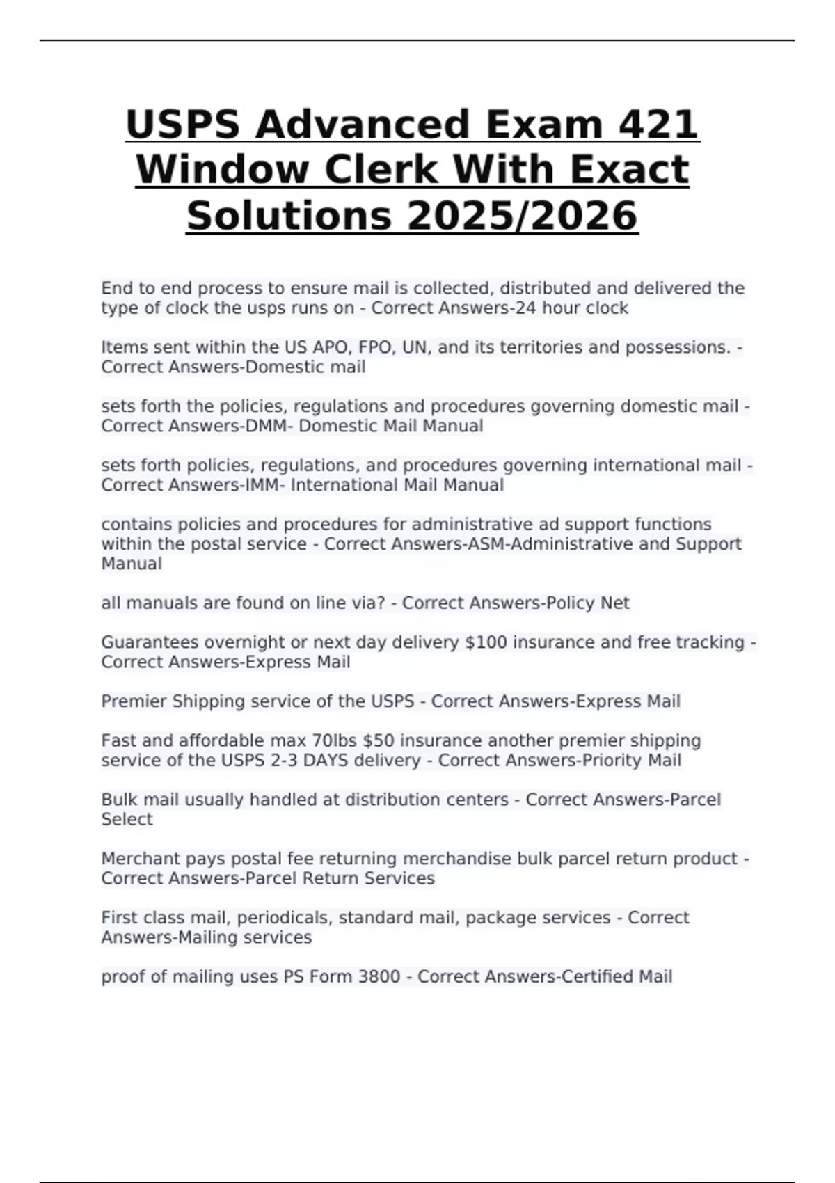 USPS Advanced Exam 421 Window Clerk | Exact Solutions 2025/2026 - USPS ...