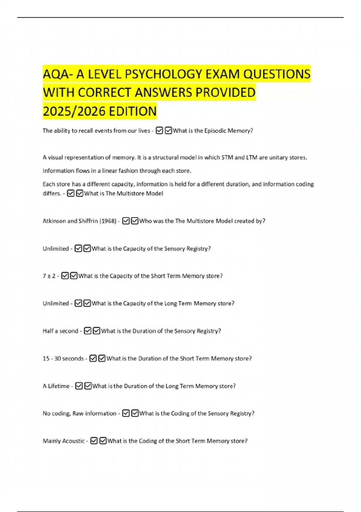 AQA- A LEVEL PSYCHOLOGY EXAM QUESTIONS WITH CORRECT ANSWERS PROVIDED ...