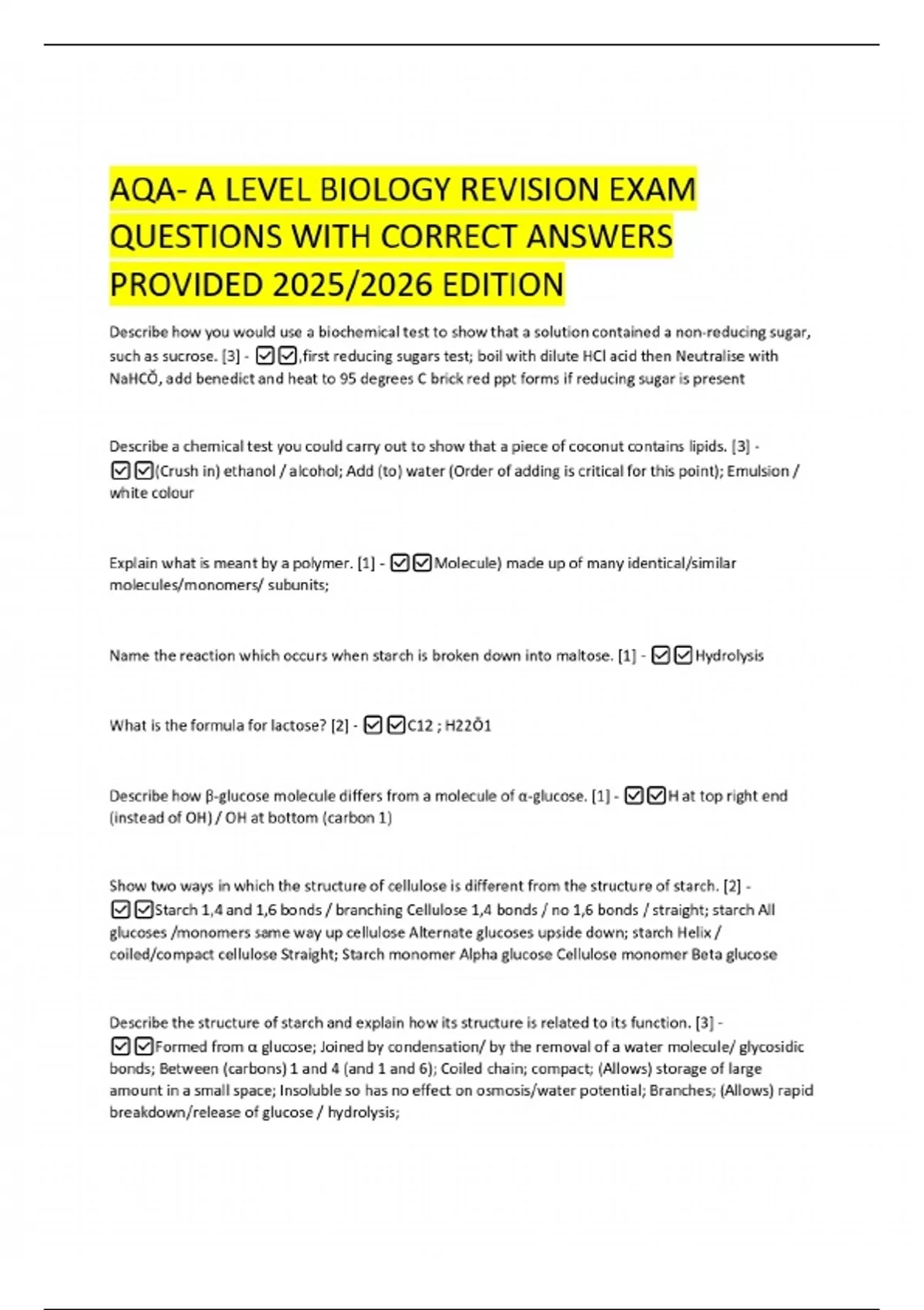 AQA- A LEVEL BIOLOGY REVISION EXAM QUESTIONS WITH CORRECT ANSWERS ...