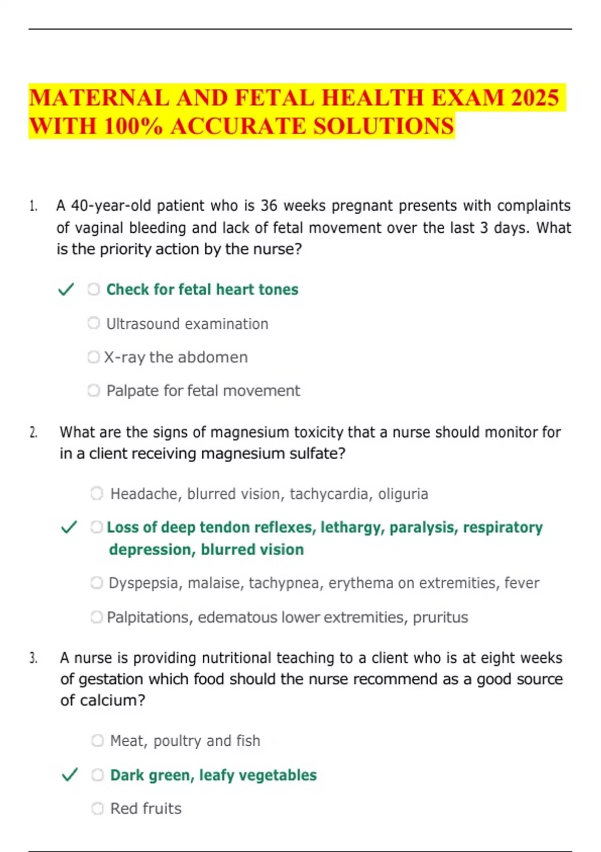 MATERNAL AND FETAL HEALTH EXAM 2025 WITH 100% ACCURATE SOLUTIONS ...