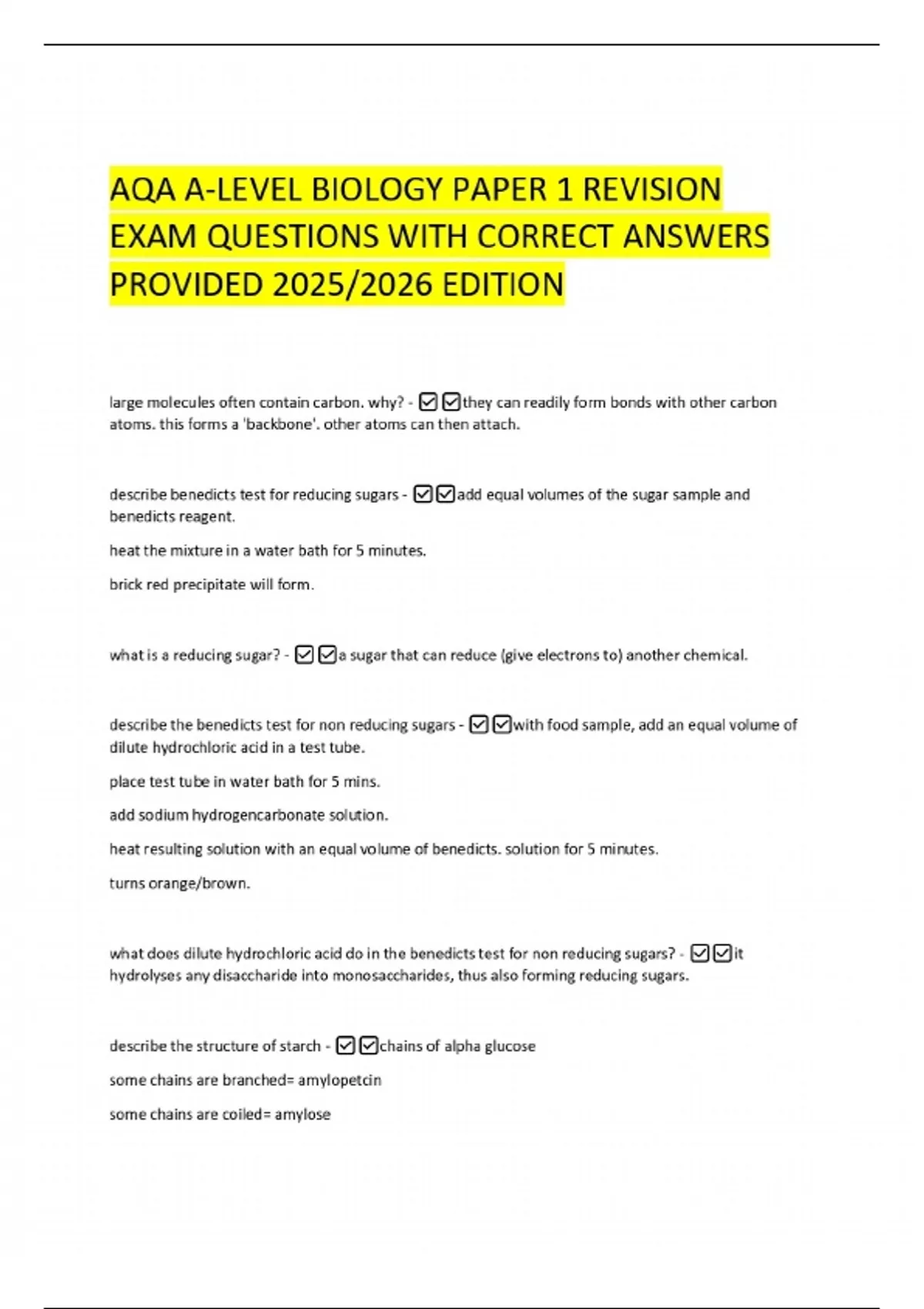 AQA A-LEVEL BIOLOGY PAPER 1 REVISION EXAM QUESTIONS WITH CORRECT ...