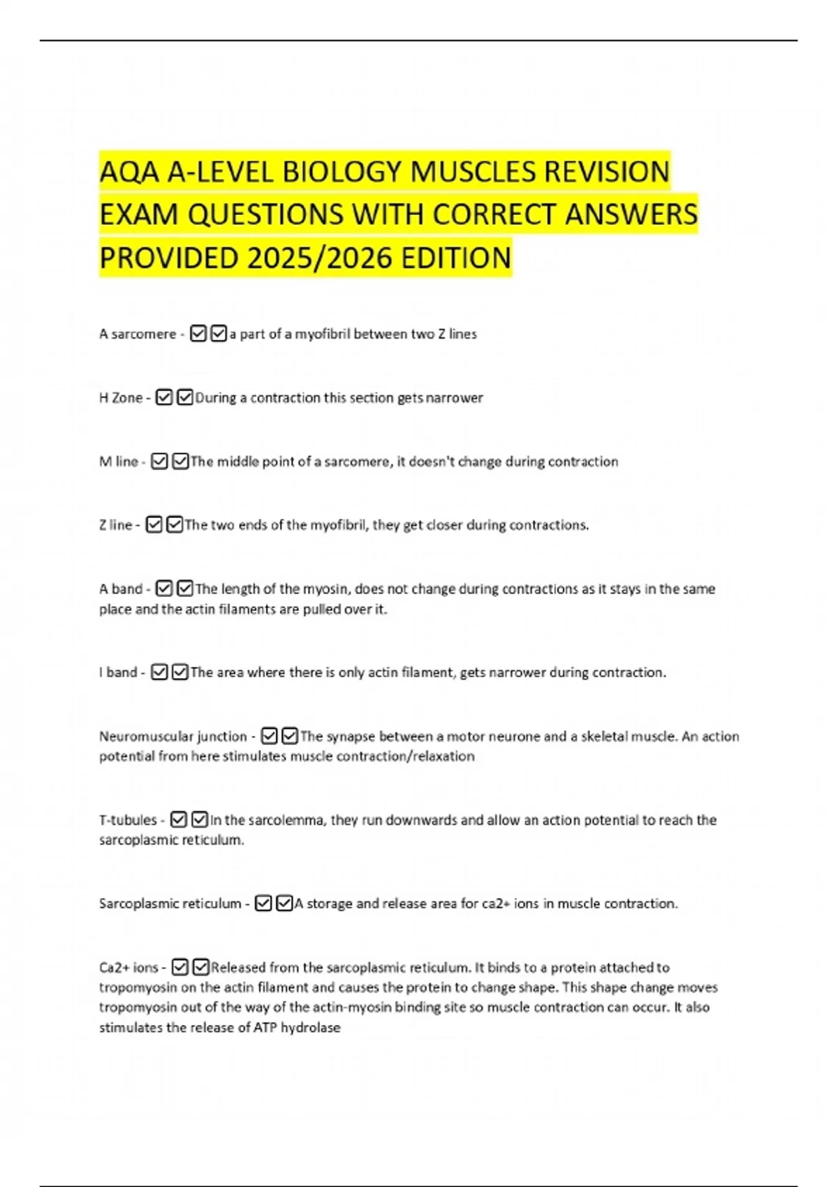 AQA A-LEVEL BIOLOGY MUSCLES REVISION EXAM QUESTIONS WITH CORRECT ...