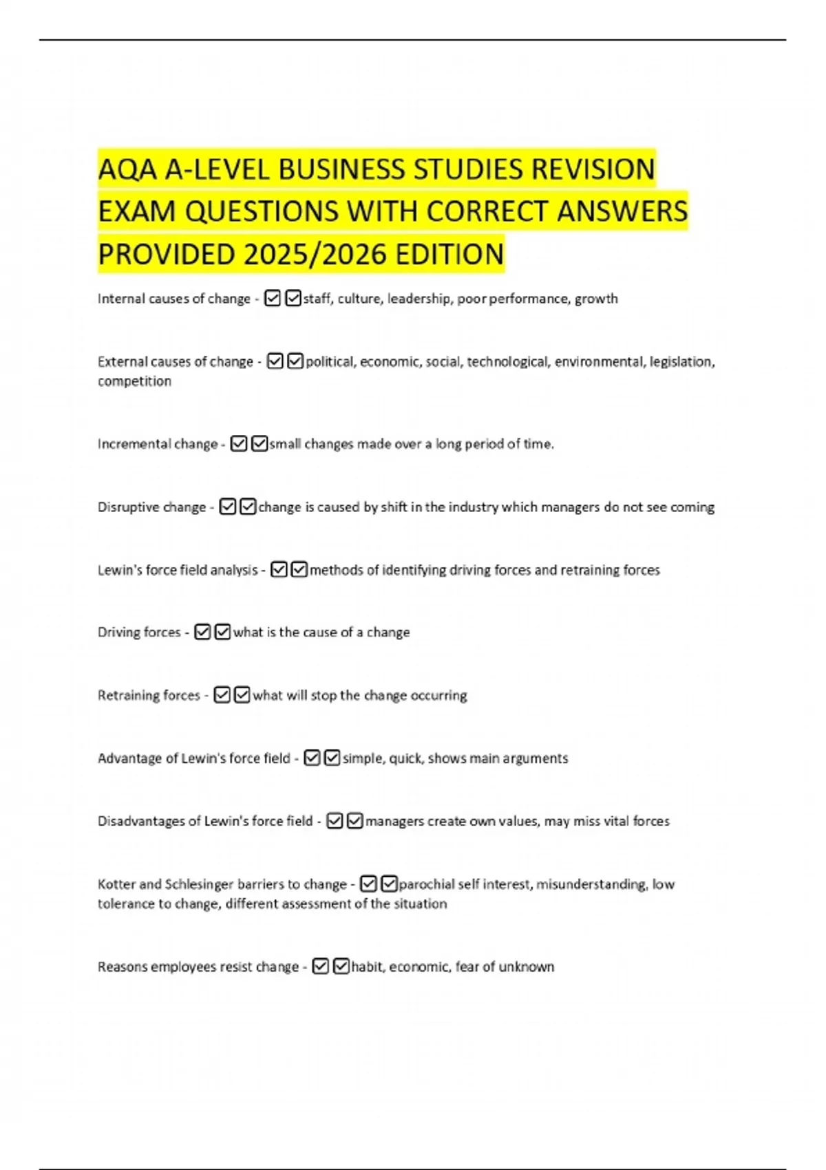 AQA A-LEVEL BUSINESS STUDIES REVISION EXAM QUESTIONS WITH CORRECT ...