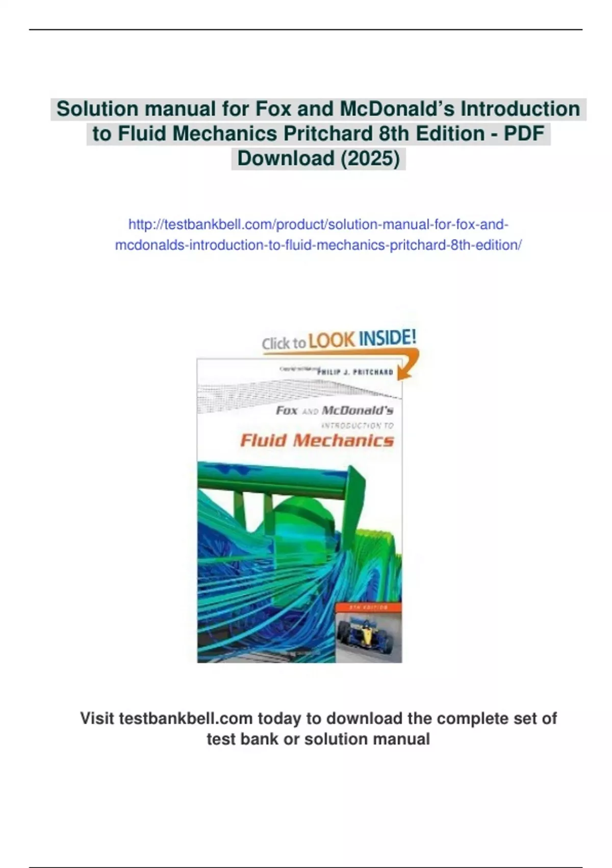 Summary Solution manual for Fox and McDonald’s Introduction to Fluid ...