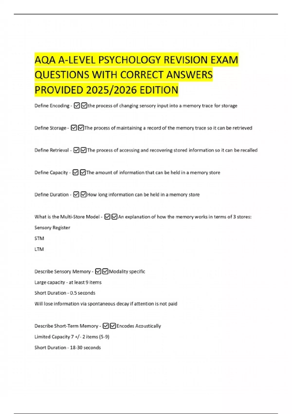 AQA A-LEVEL PSYCHOLOGY REVISION EXAM QUESTIONS WITH CORRECT ANSWERS ...