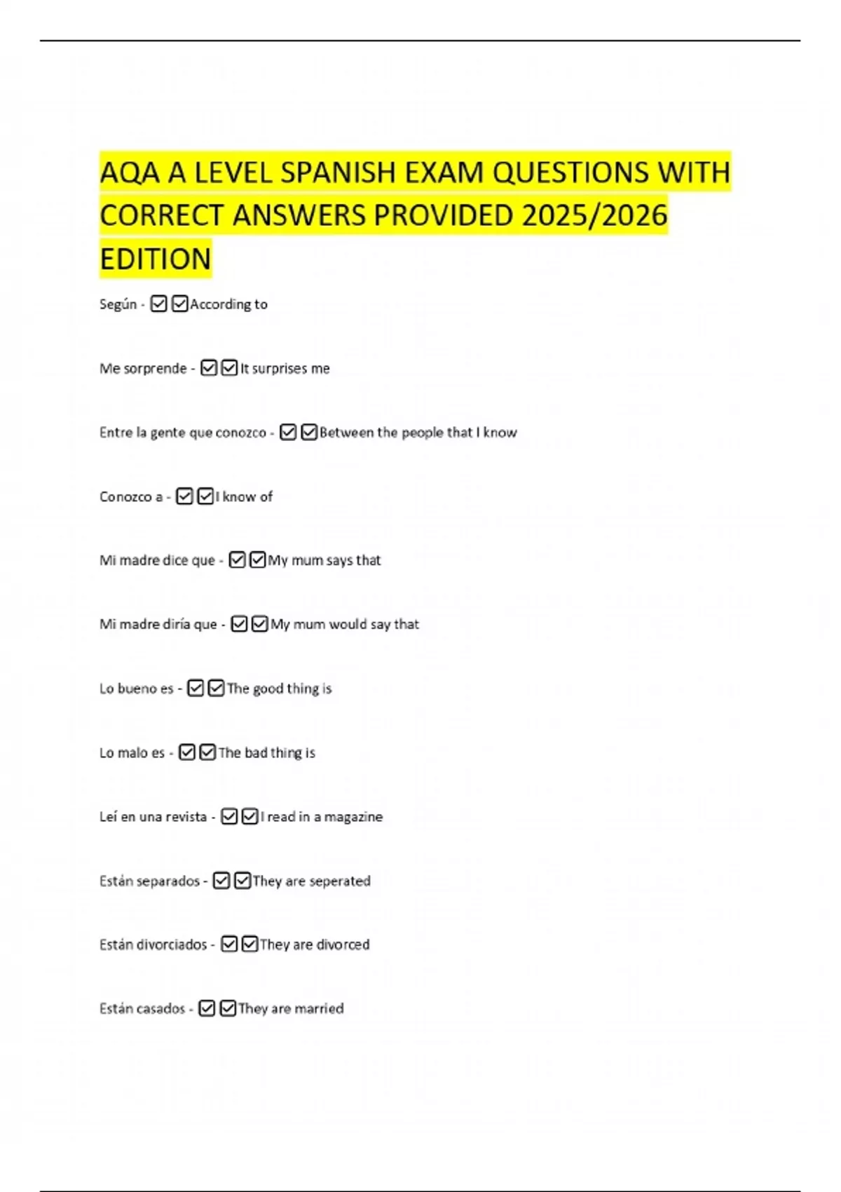 AQA A LEVEL SPANISH EXAM QUESTIONS WITH CORRECT ANSWERS PROVIDED 2025/ ...