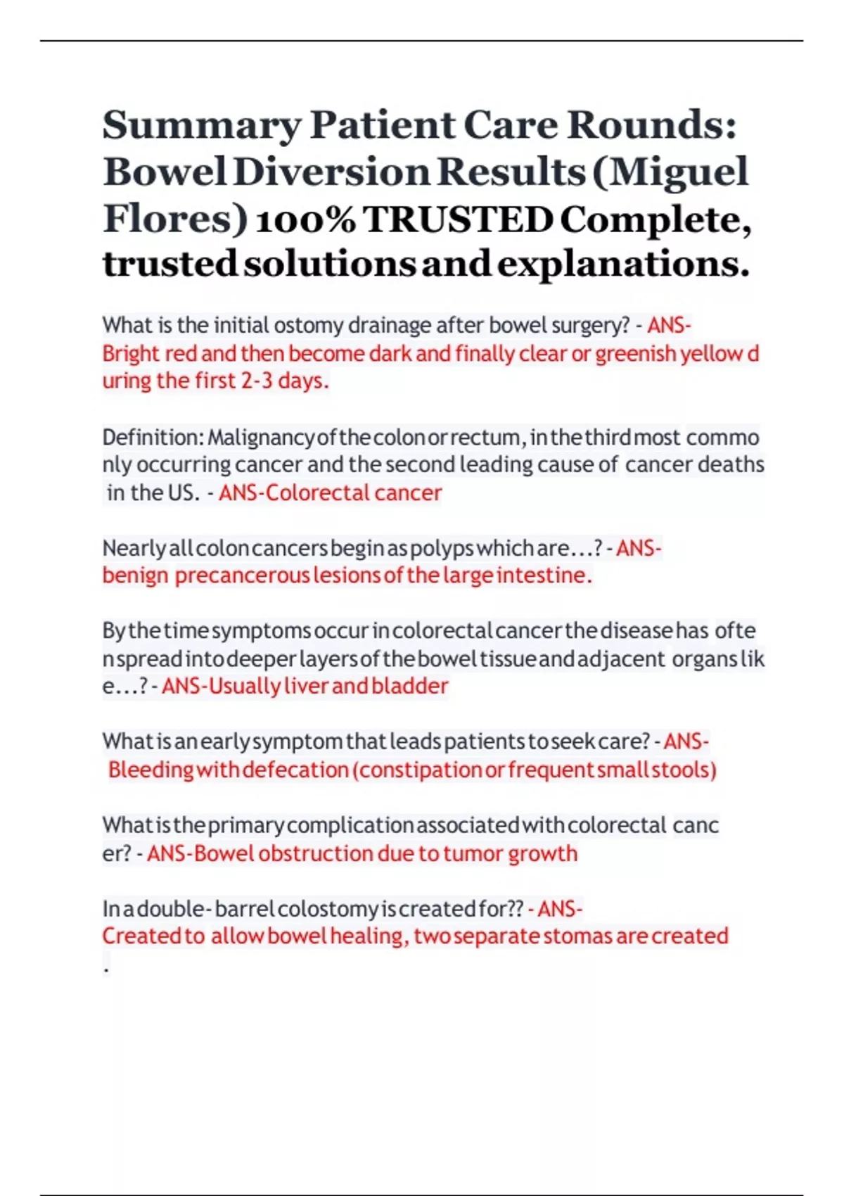 Summary Patient Care Rounds Bowel Diversion Results (Miguel Flores) 100 ...