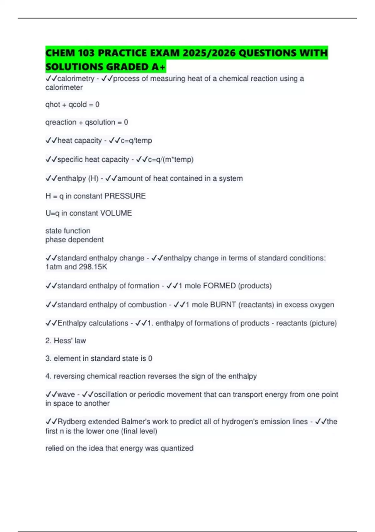 CHEM 103 PRACTICE EXAM 2025/2026 QUESTIONS WITH SOLUTIONS GRADED A+ ...