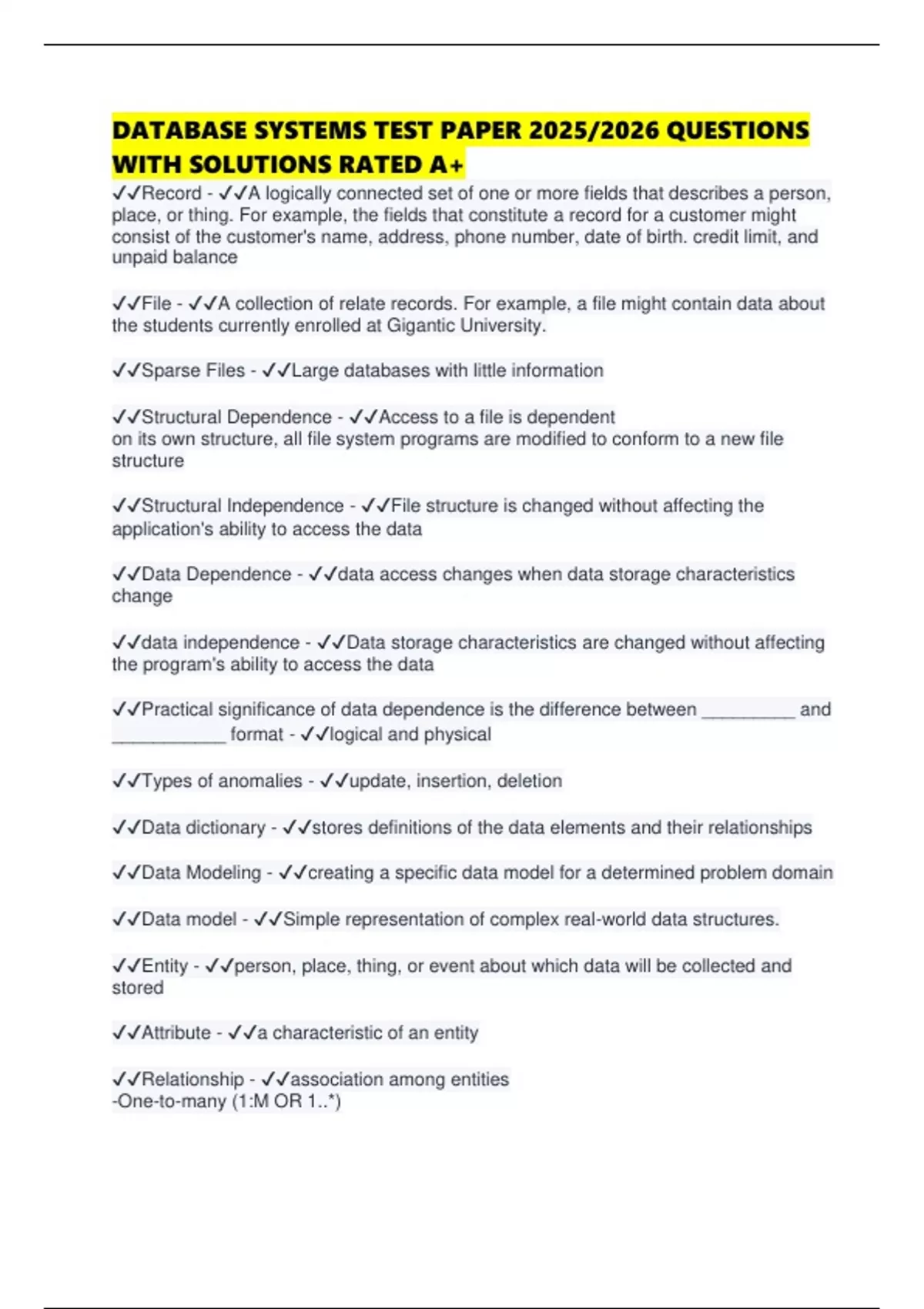 DATABASE SYSTEMS TEST PAPER 2025/2026 QUESTIONS WITH SOLUTIONS RATED A+ ...