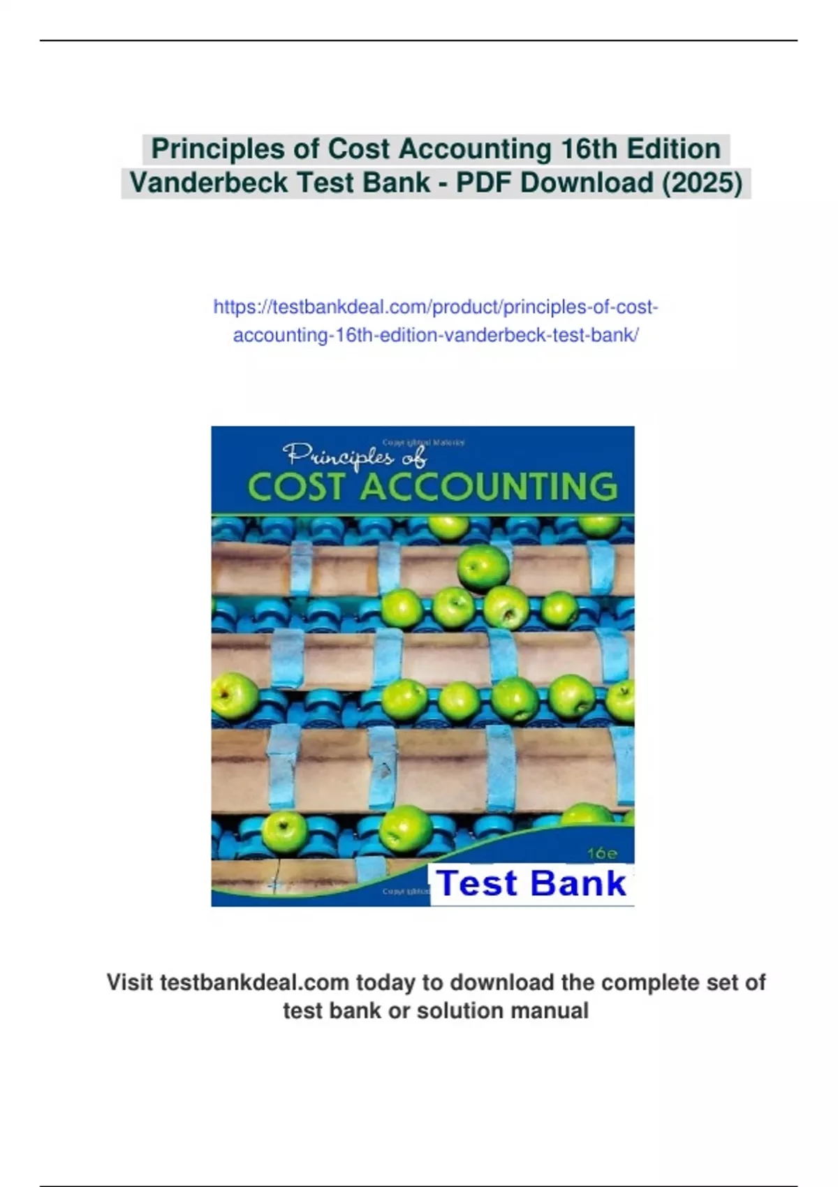 Summary Principles of Cost Accounting 16th Edition Vanderbeck Test Bank - Digital Download ...