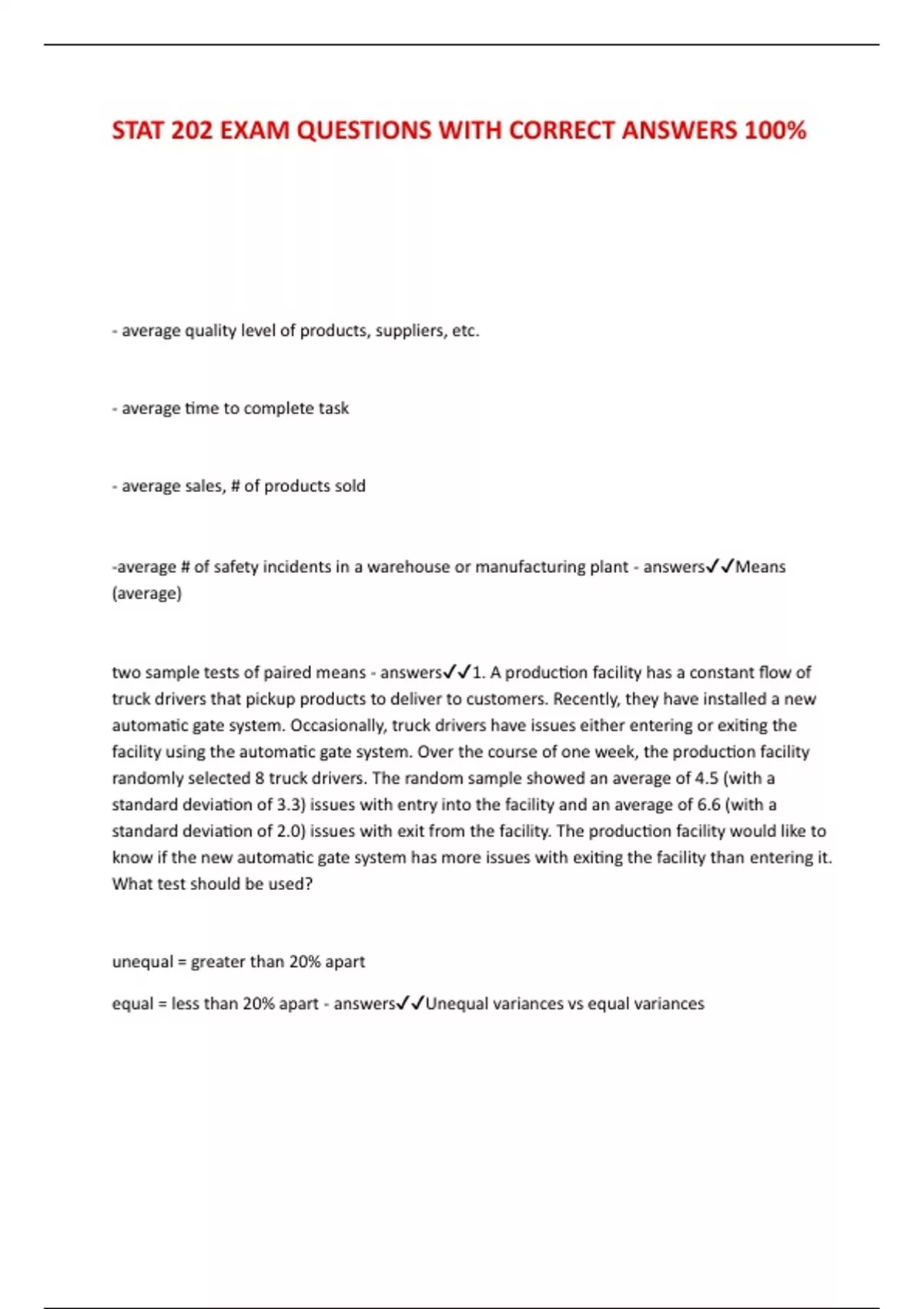 Stat Exman STAT 202 EXAM QUESTIONS WITH CORRECT ANSWERS 100% - STAT 202 - Stuvia US