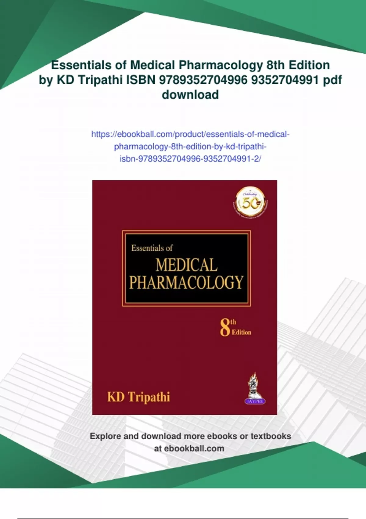 Summary Essentials of Medical Pharmacology 8th Edition by KD Tripathi ISBN - Instant Download ...