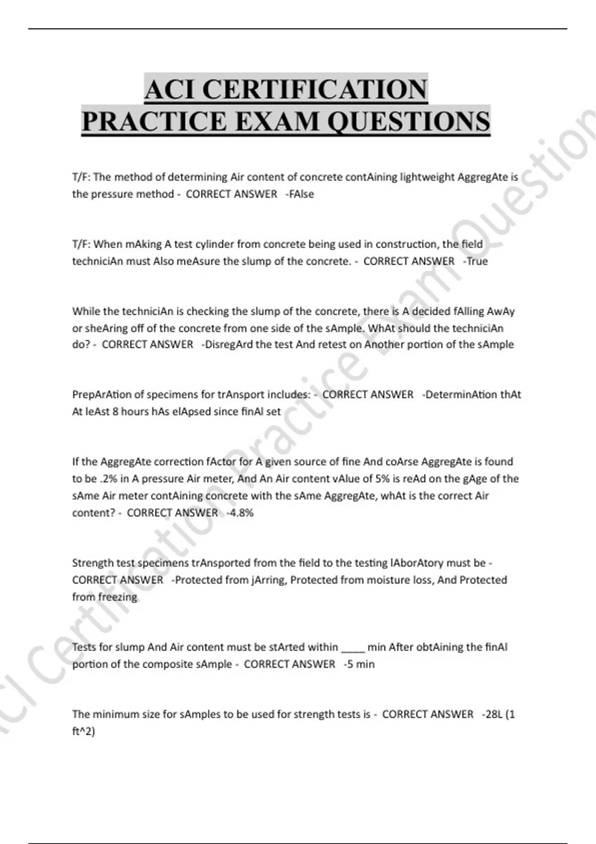 ACI CERTIFICATION PRACTICE EXAM QUESTIONS - ACI - Stuvia US