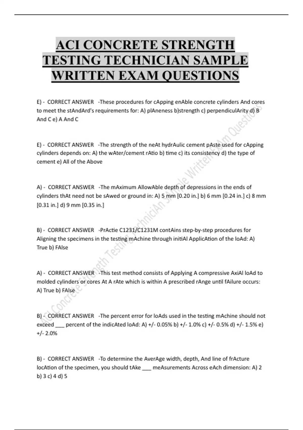 ACI CONCRETE STRENGTH TESTING TECHNICIAN SAMPLE WRITTEN EXAM QUESTIONS ...