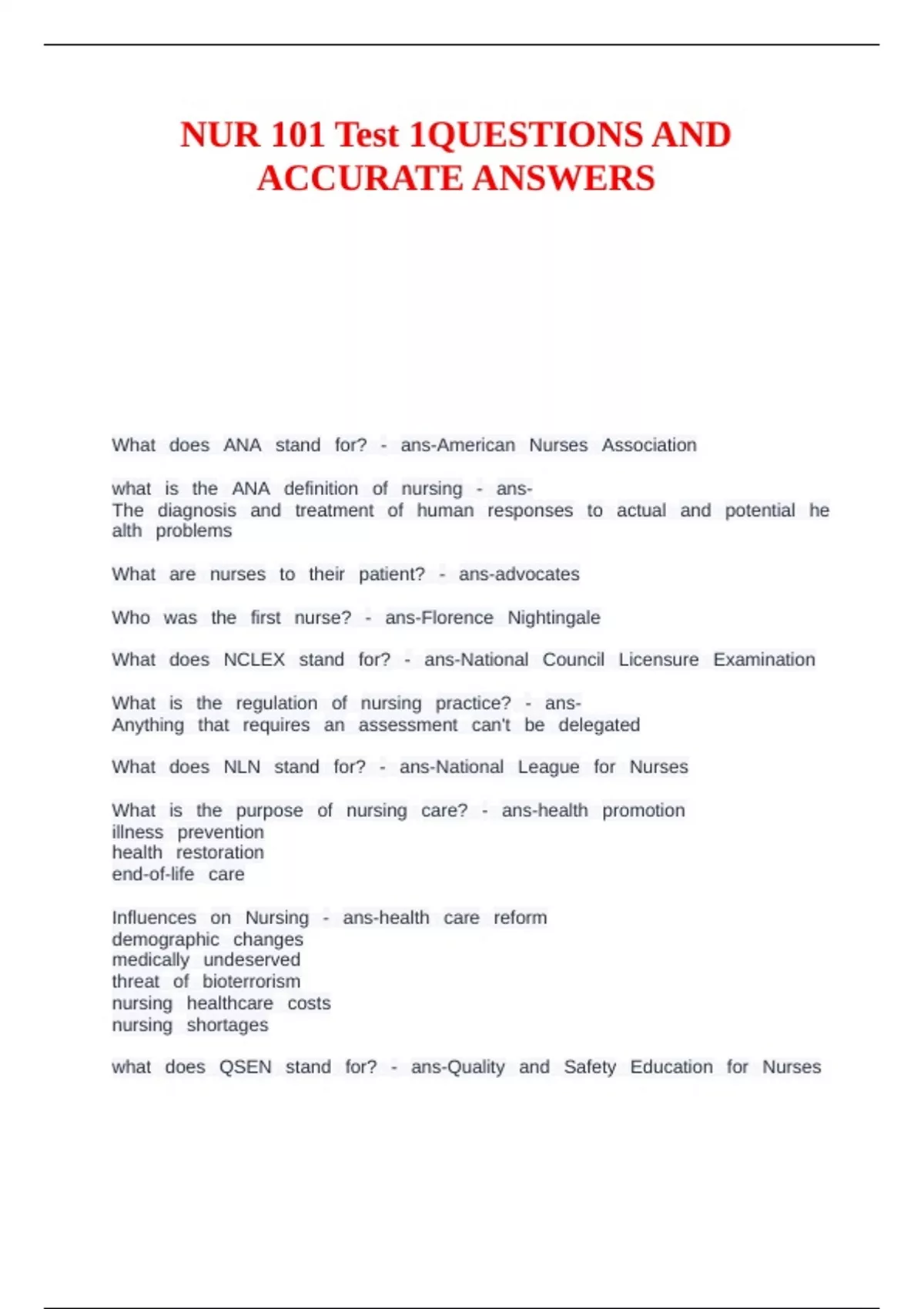 NURSING 101 FUNDAMENTALS OF NURSING PRACTICE EXAM 1, PART 1 QUESTIONS ...