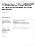 CA Adjusters License PSI EXAM 2025 COMPLETE EXAM QUESTIONS AND VERIFIED ANSWERS &vert;RECENTLY TESTING REAL EXAM QUESTIONS&vert; 100&percnt; SOLVED&excl;&excl;