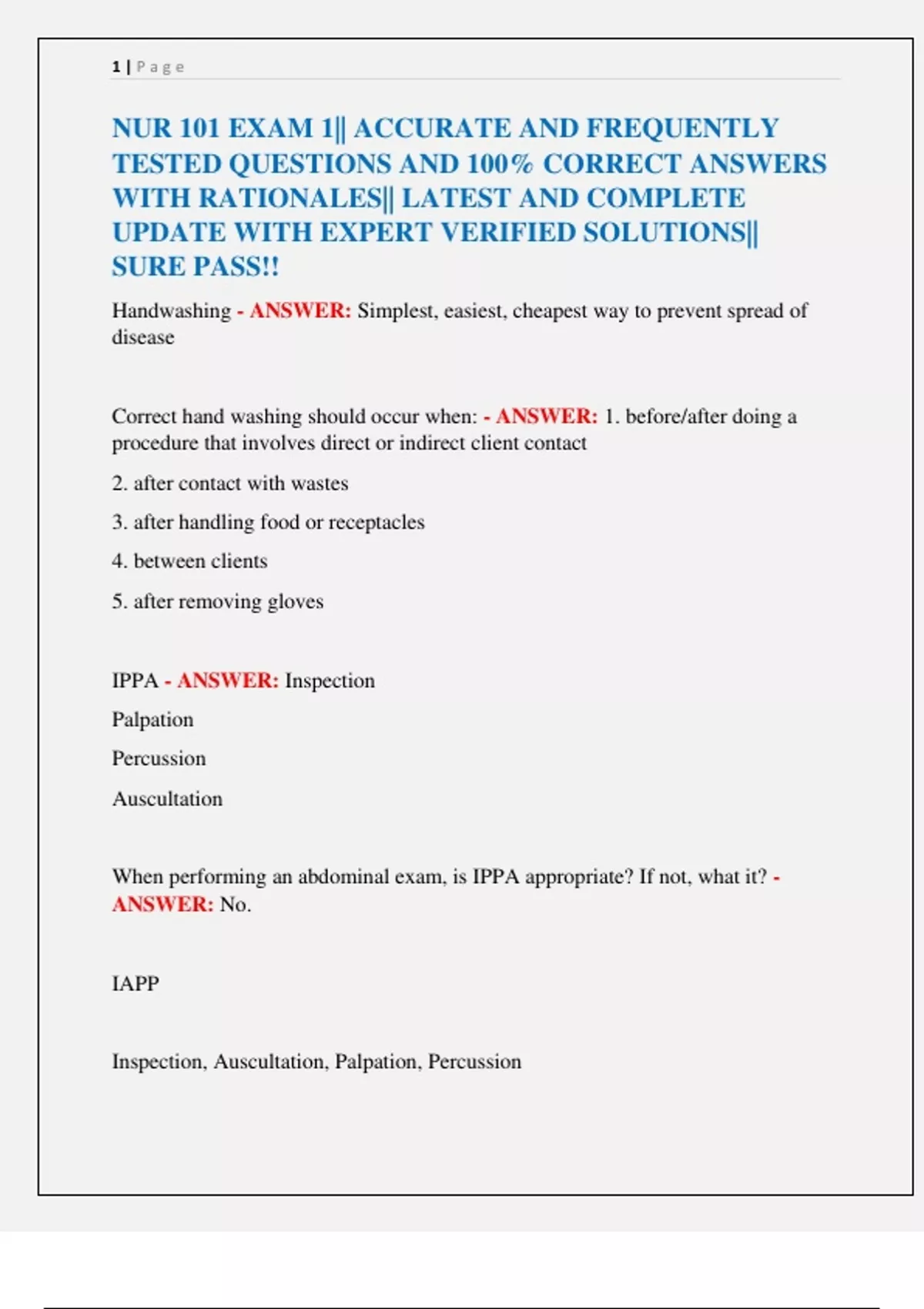 NUR 101 EXAM 1|| ACCURATE AND FREQUENTLY TESTED QUESTIONS AND 100% ...