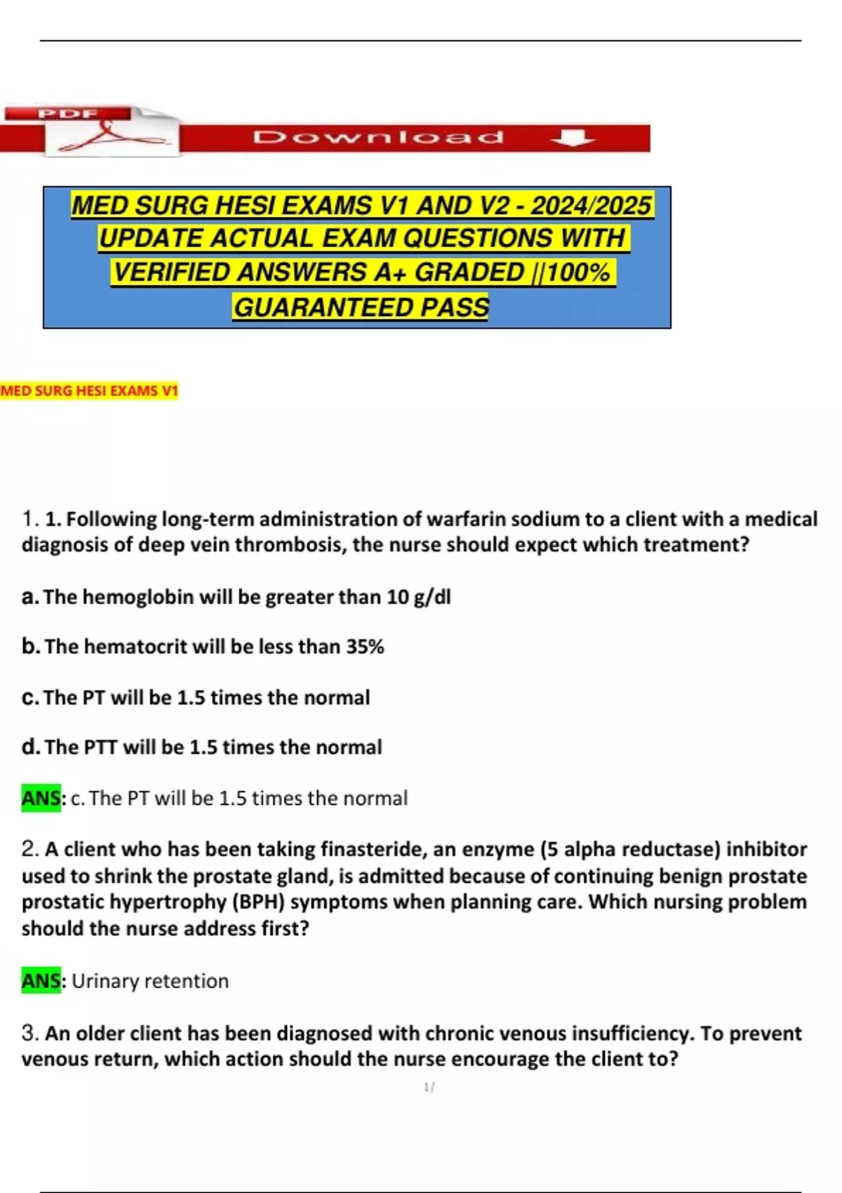 MED SURG HESI EXAMS V1 AND V2 - 2024/2025 UPDATE ACTUAL EXAM QUESTIONS ...