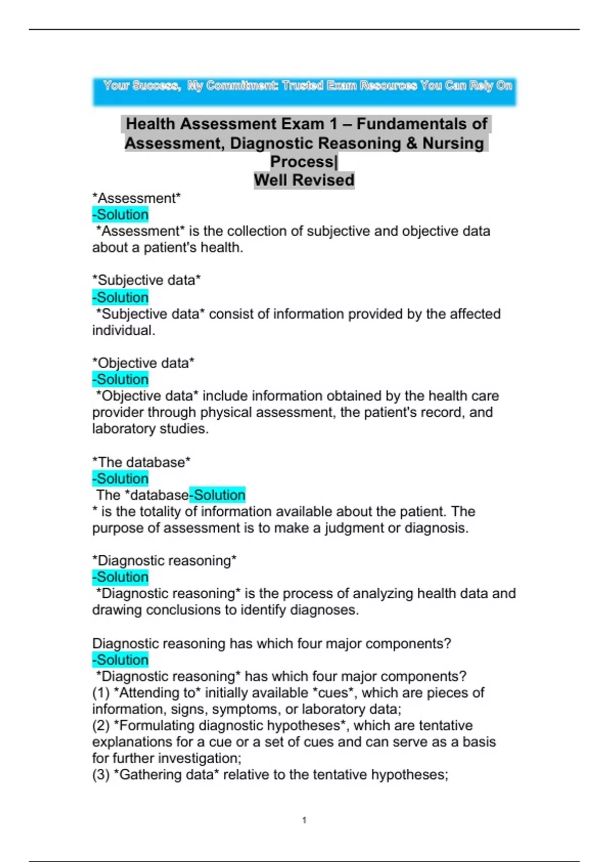 Health Assessment Exam 1 – Fundamentals of Assessment, Diagnostic ...