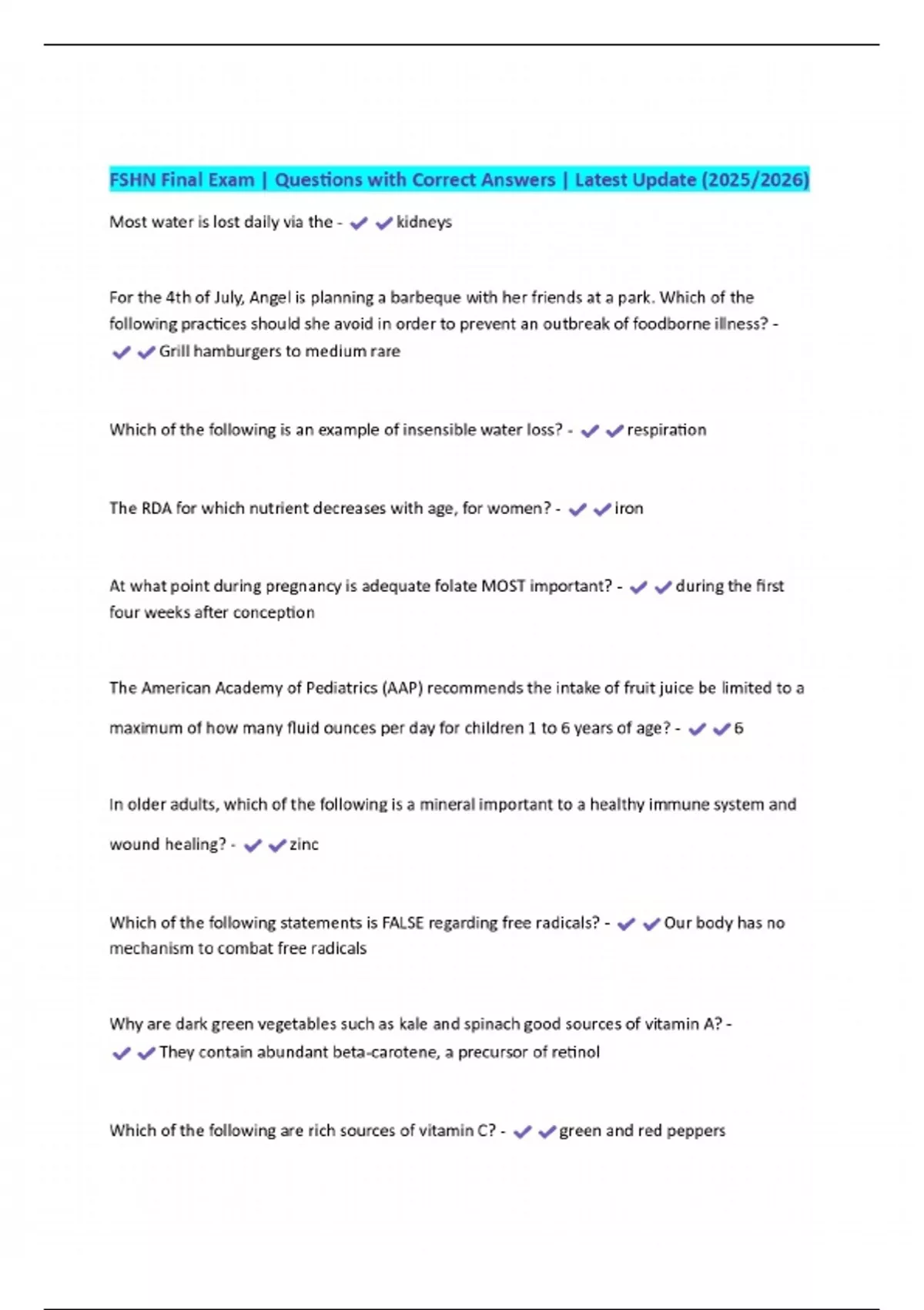 FSHN Final Exam | Questions with Correct Answers | Latest Update (2025/ ...