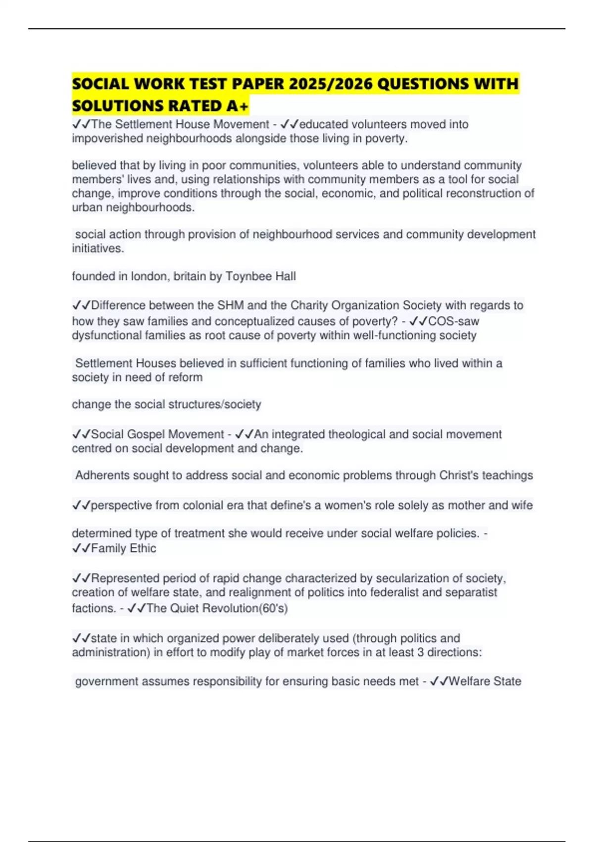 SOCIAL WORK TEST PAPER 2025/2026 QUESTIONS WITH SOLUTIONS RATED A+ ...